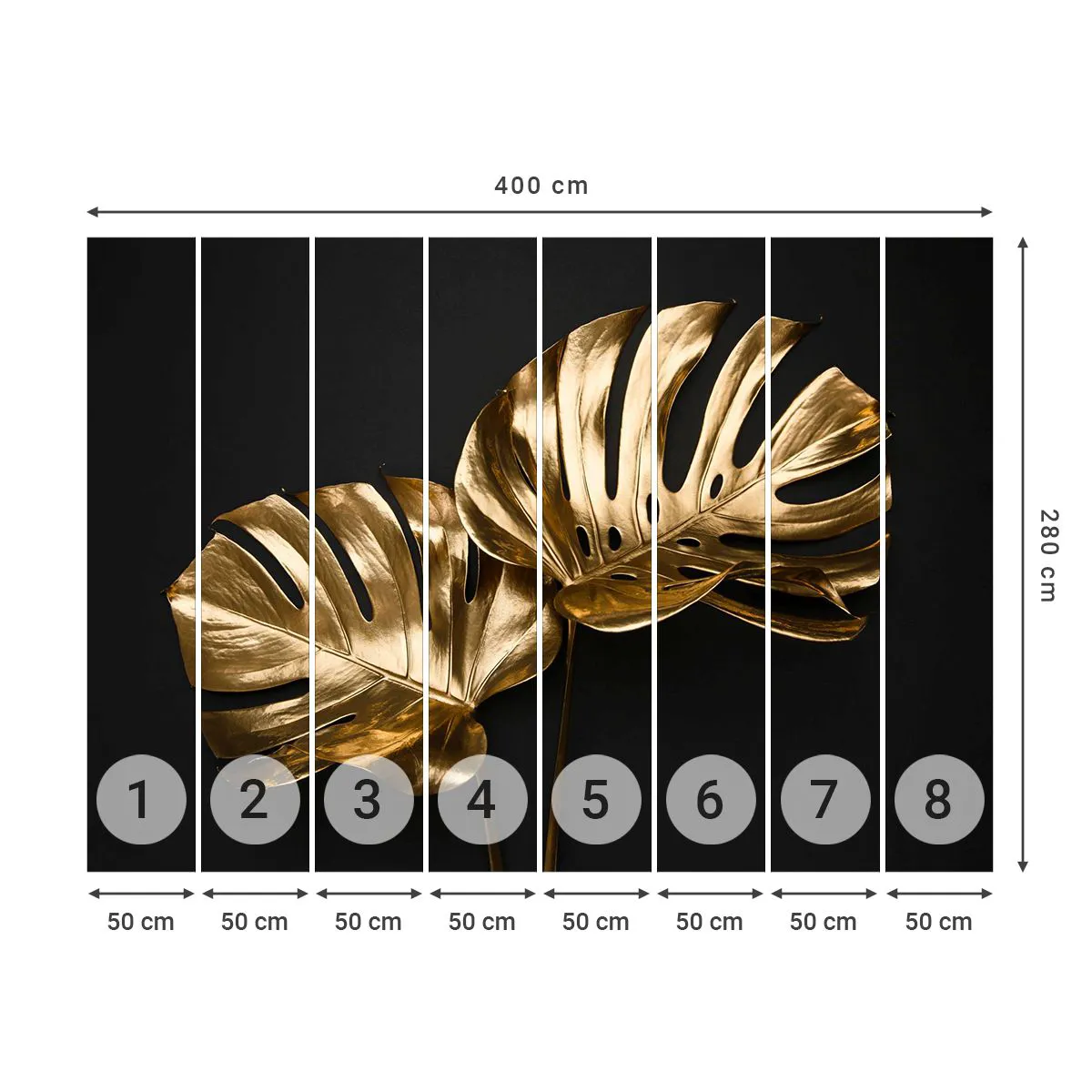 Tapet Premium Sand - Comorile naturii - Abstracția, Frunze aurii, Frunza de monstera - 400x280 cm