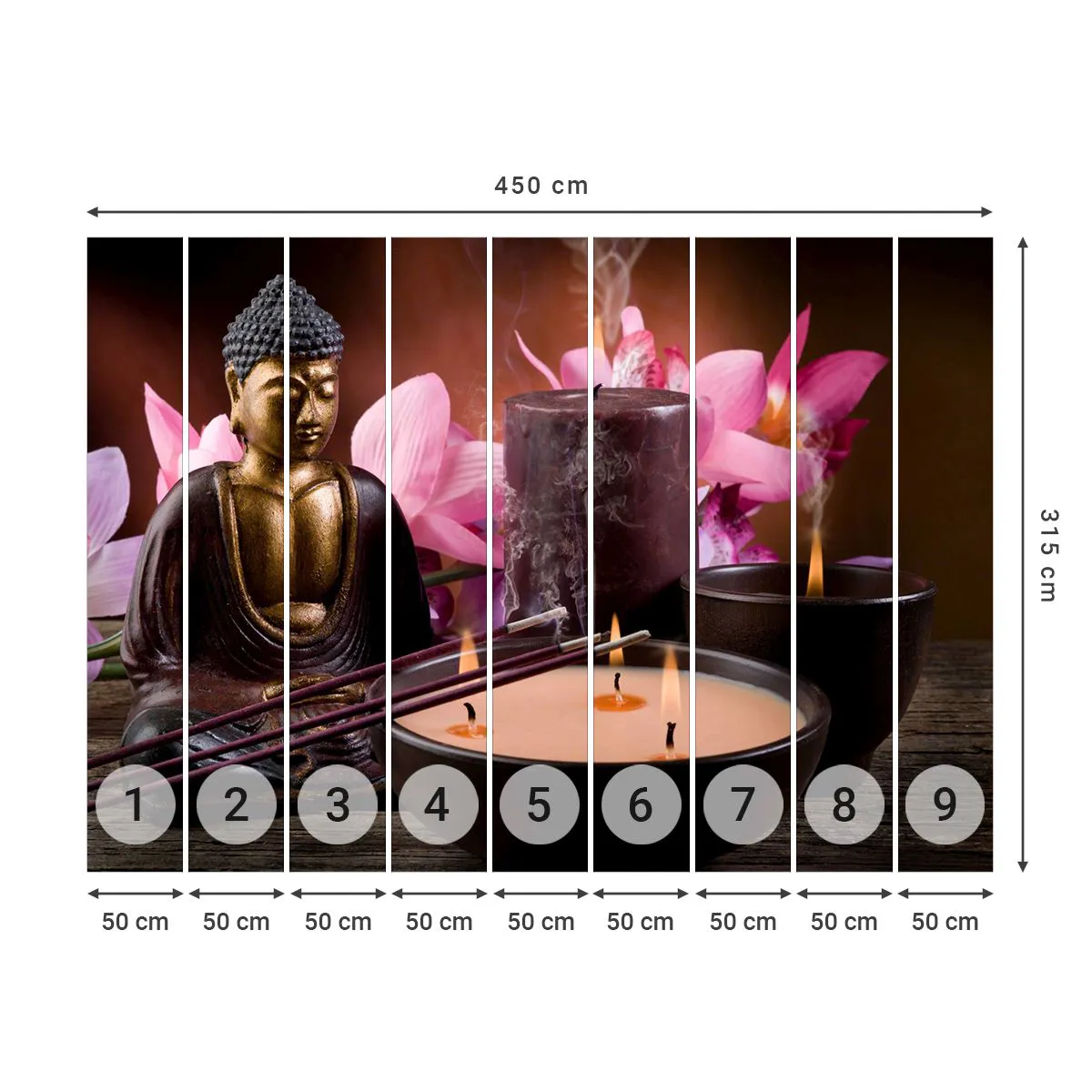 Fototapete Standard Eco - Den Geist frei machen, den Körper beruhigen - Buddha, Religion, Blumen - 450x315 cm