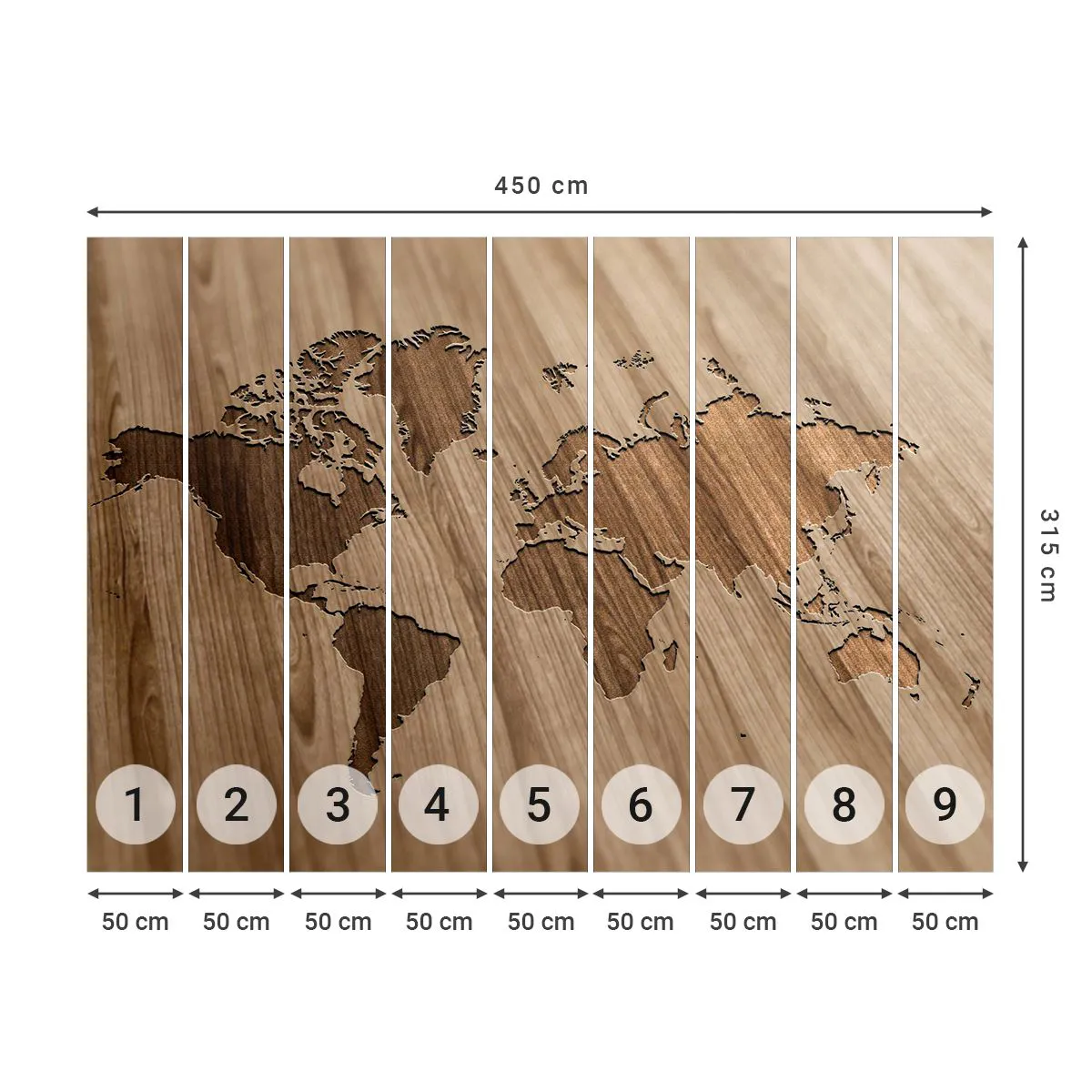 Tapet Standard Eco - Lumea servită pe masă - Harta lumii, Lemn, Continente - 450x315 cm