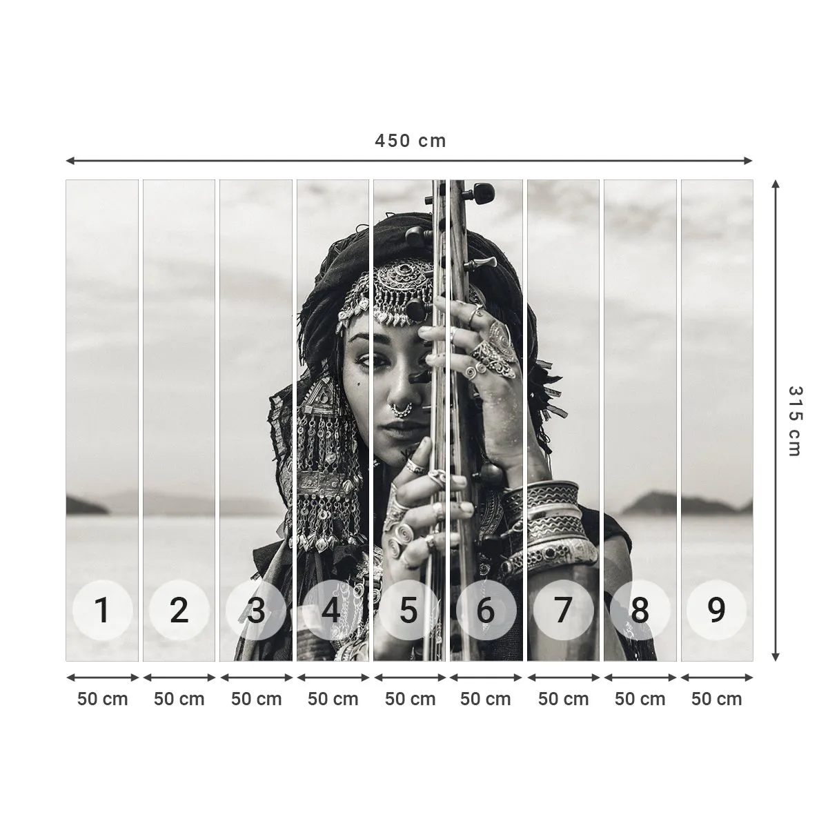 Fototapete Premium Sand - Die Musik des Orients selbst - Frau, Boho, Schmuck - 450x315 cm