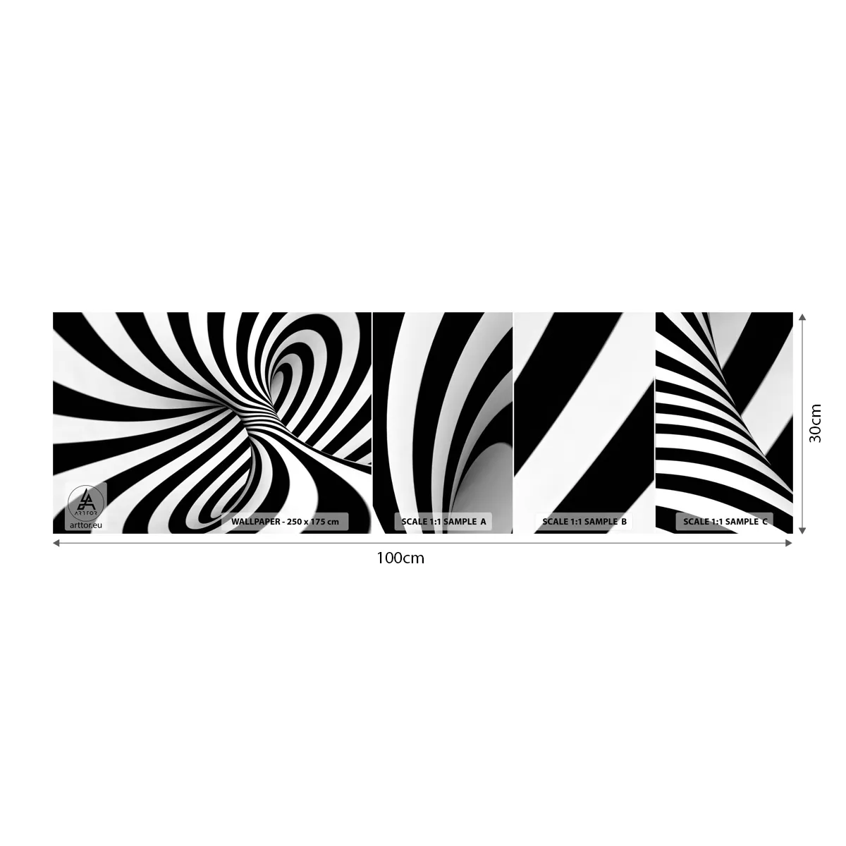 Échantillon De Papier Peint Standard Eco - Composition : espace de danse - Abstraction, 3D, Noir et blanc - 100x30 cm