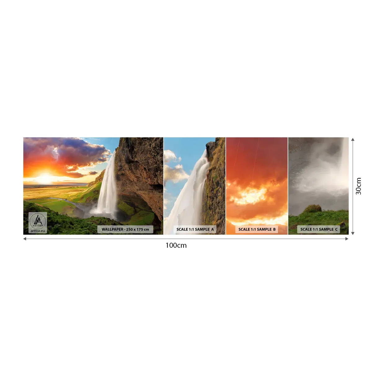 Photo Wallpaper Sample Standard Eco - Midsummer in Iceland - Landscape, Waterfall, Iceland - 100x30 cm