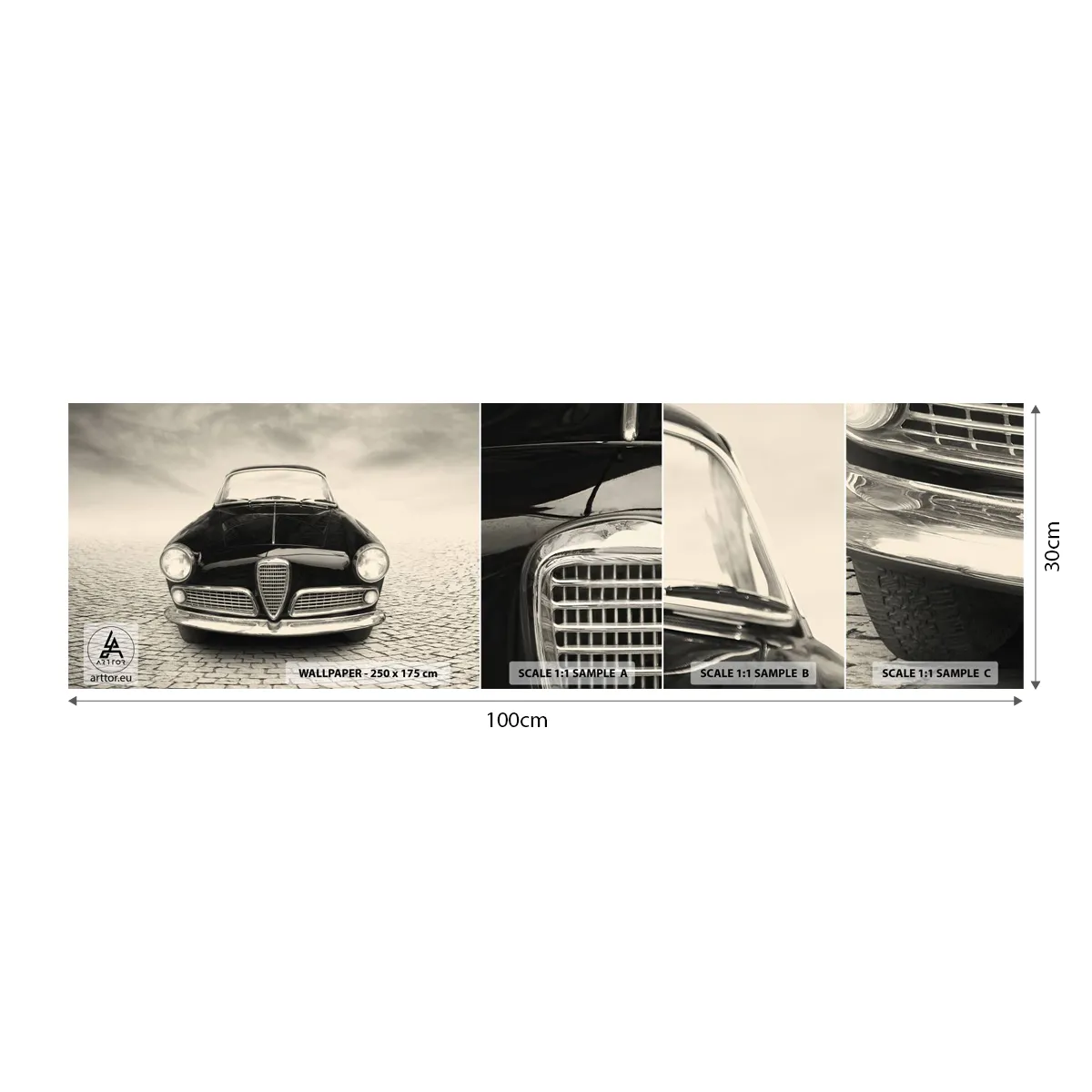 Fototapetenmuster Standard Eco - Man muss mich einfach lieben - Auto, Jahrgang, Schwarz und weiß - 100x30 cm