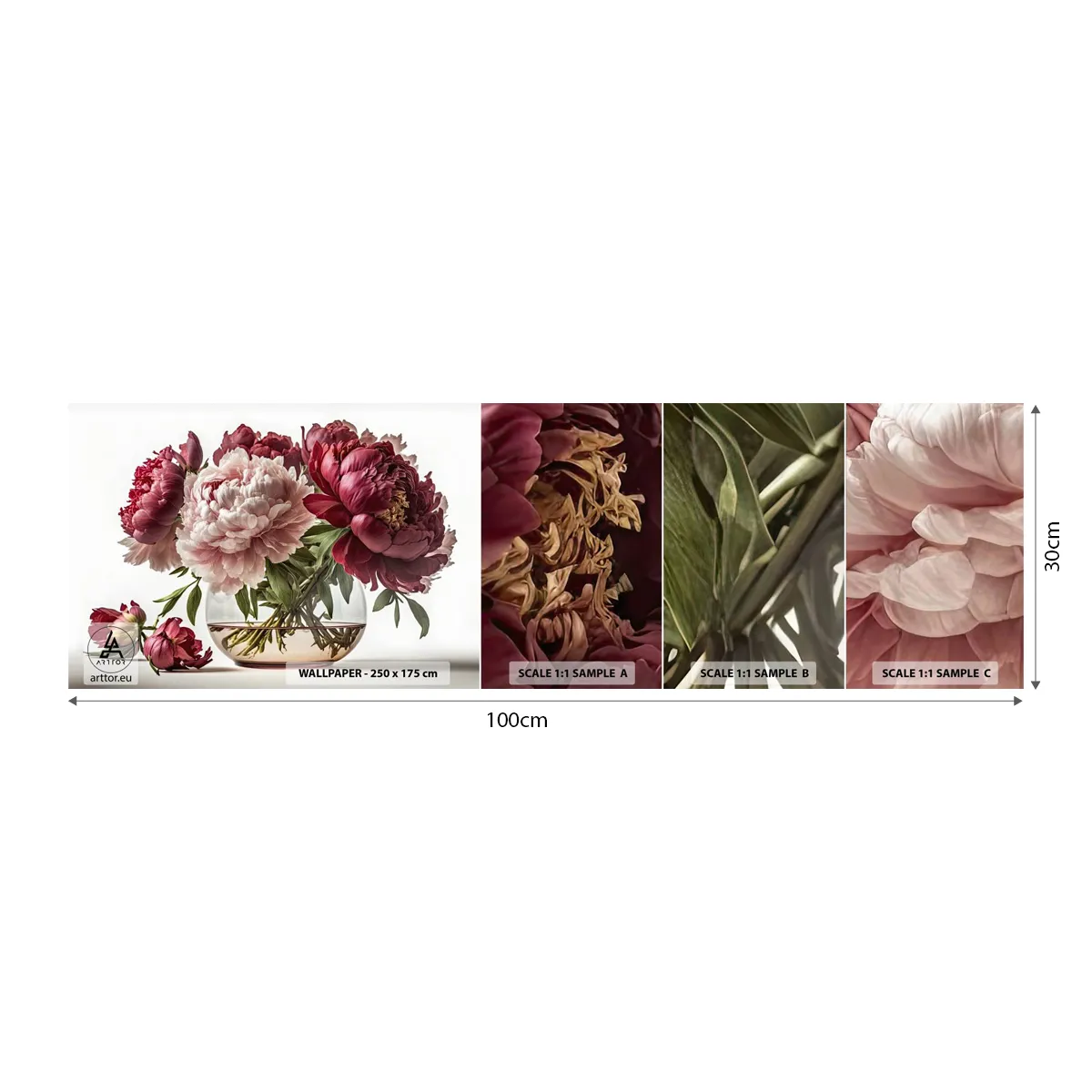 Fototapet Prøve Standard Eco - I fuldt flor af skønhed - Buket blomster, Vase, Pæoner - 100x30 cm