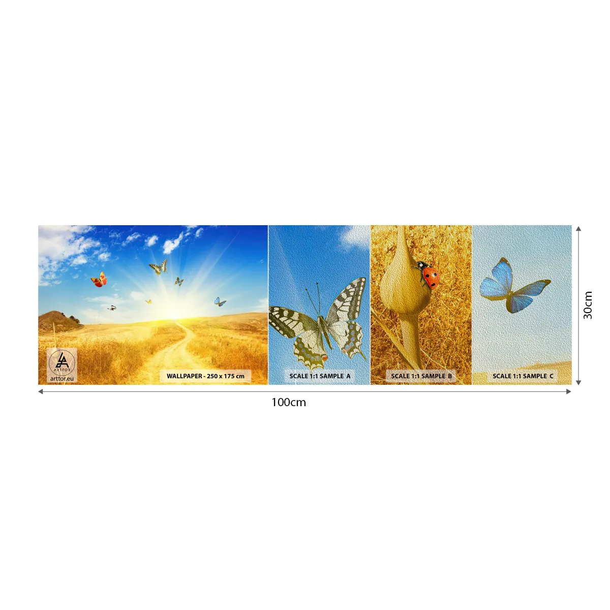 Échantillon de Papier Peint Premium Sand - Et comment ne pas aimer l'été ? - Paysage, Papillons, Nature - 100x30 cm