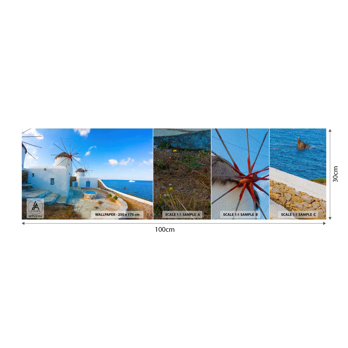 Fotótapéta Minta Premium Sand - Kék szél a tenger felől - Építészet, Tájkép, Görögország - 100x30 cm