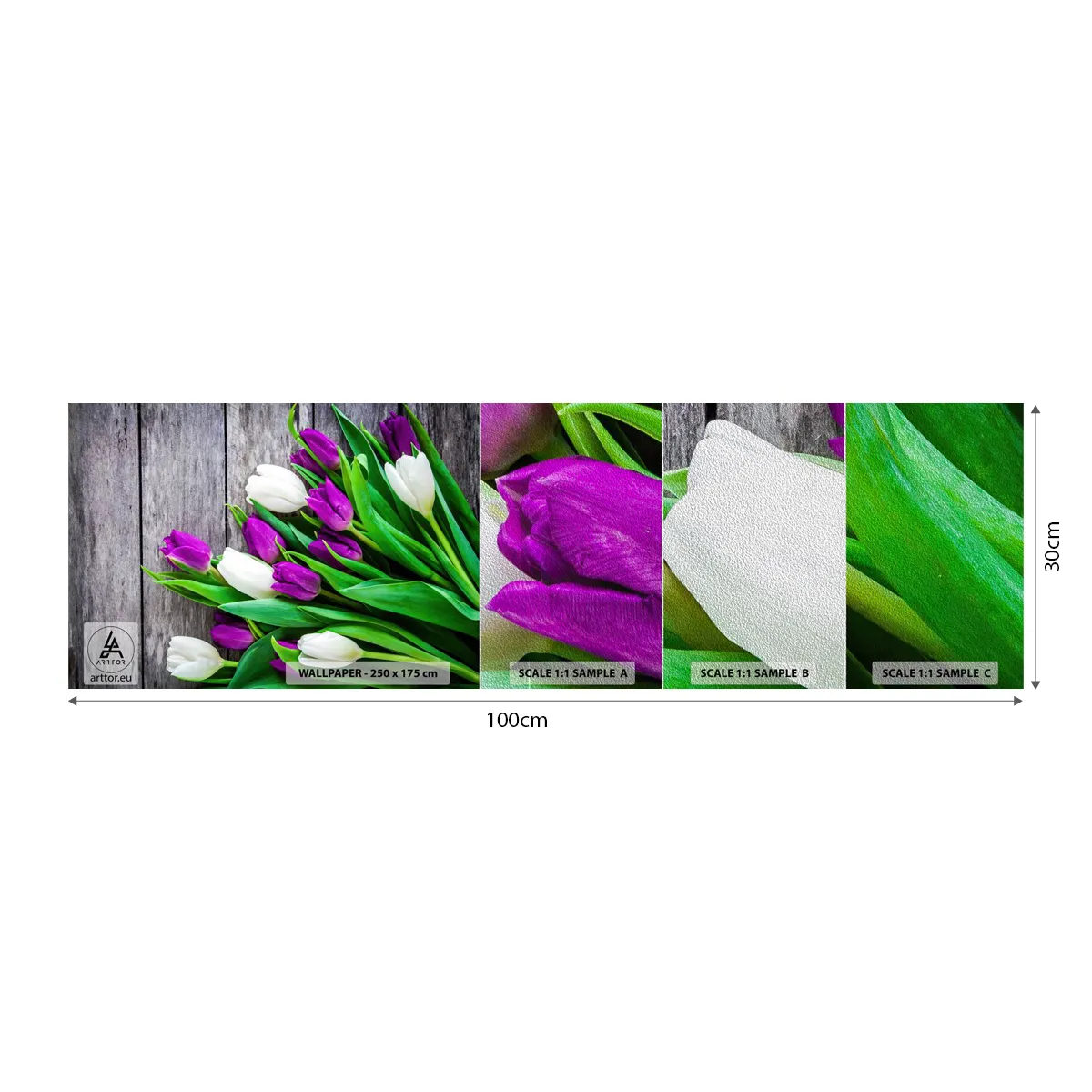 Muestra de fotomural Premium Sand - El día de la fiesta de la primavera - flores, tulipanes, Ramo de flores - 100x30 cm
