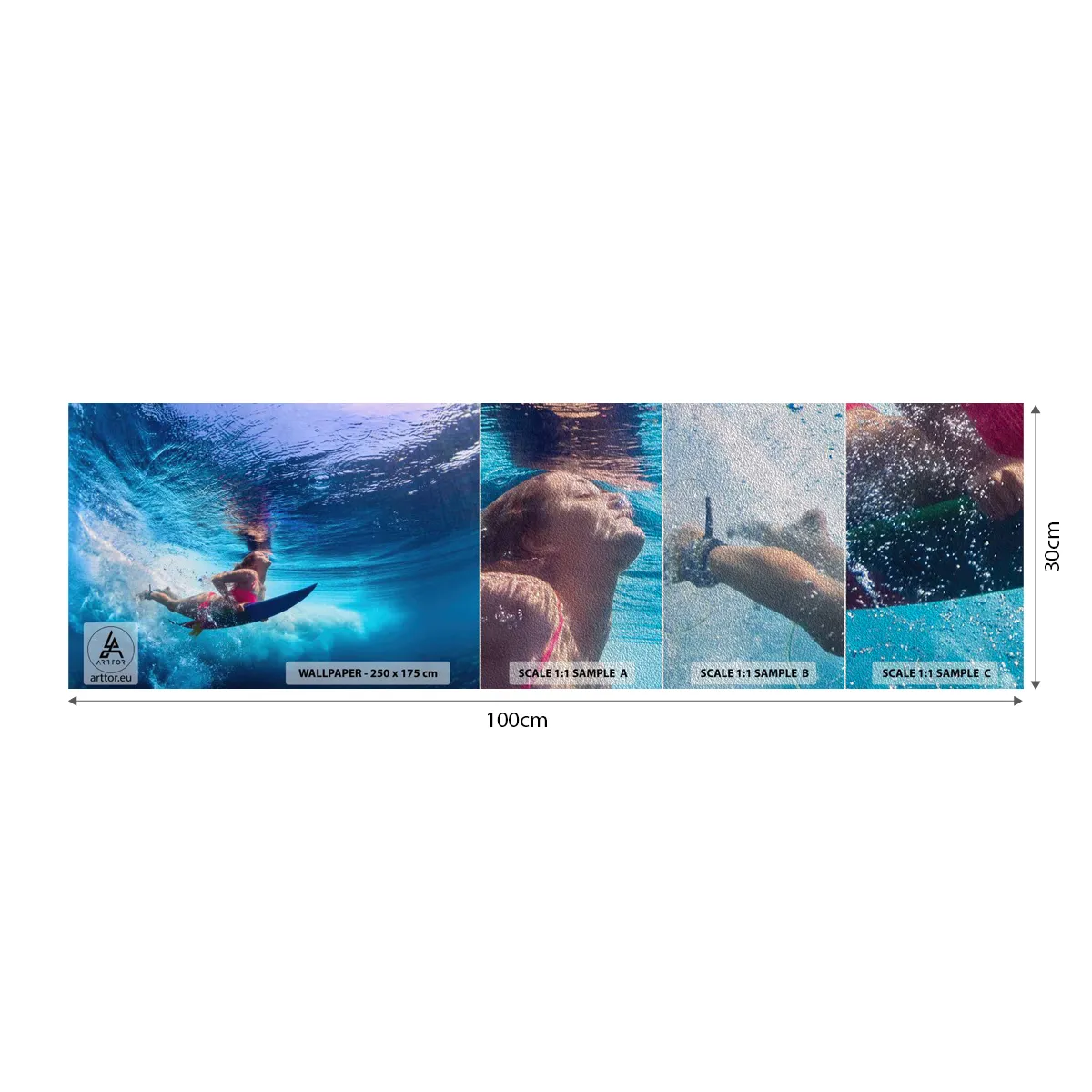 Prøve Fototapet Premium Sand - Dybden af glæde - Surfing, Kvinde, Sport - 100x30 cm