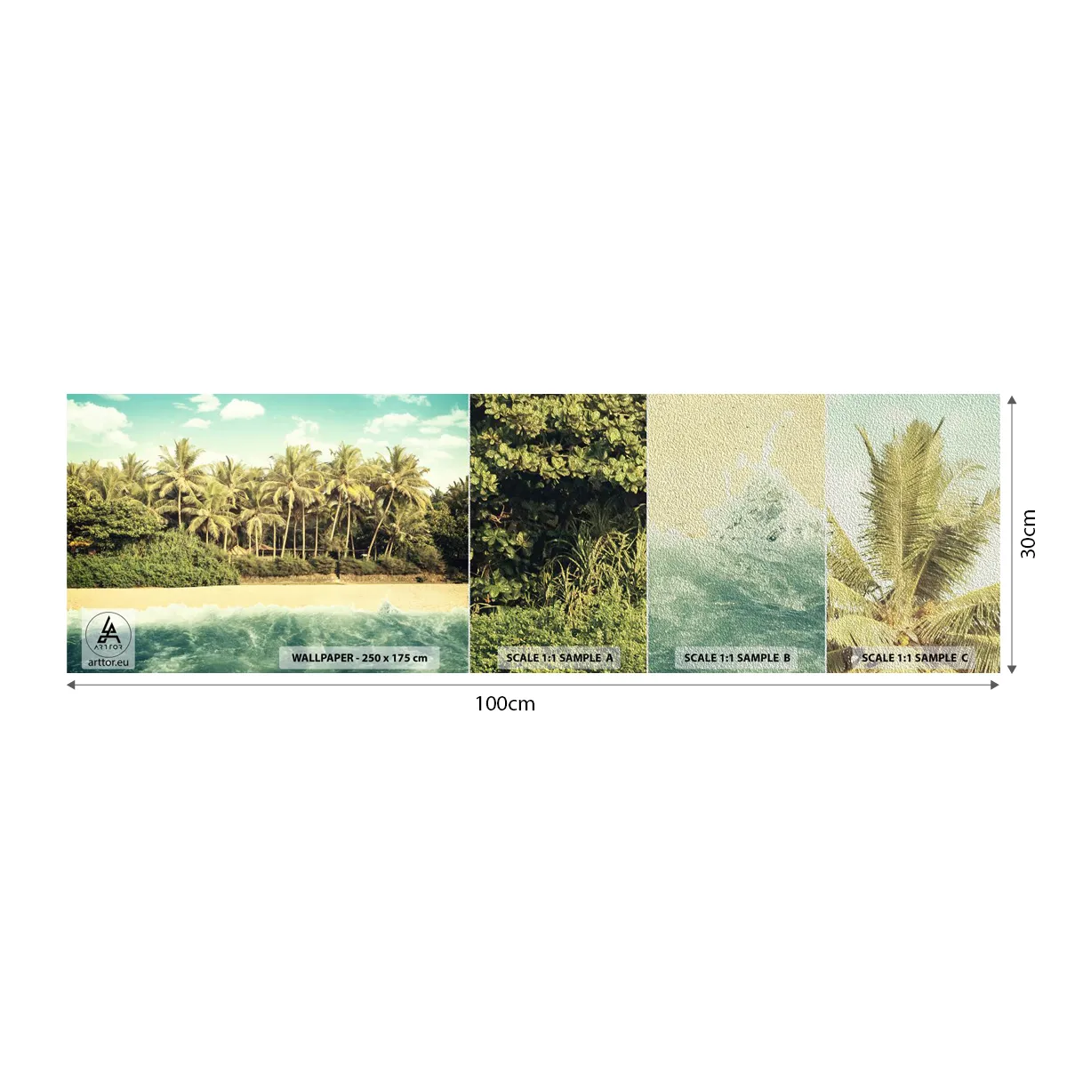 Échantillon de Papier Peint Premium Sand - Peut-être ici? - Paysage, Plage, Cocotier - 100x30 cm