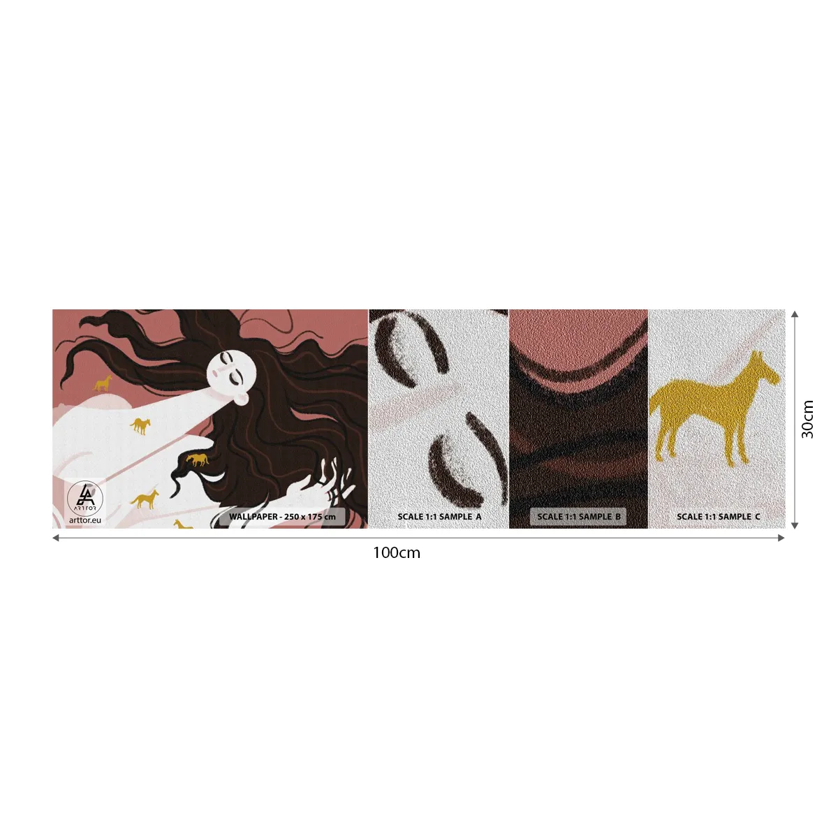 Échantillon de Papier Peint Premium Sand - Rêve d'un cheval d'or - Femme, Portrait, Minimalisme - 100x30 cm