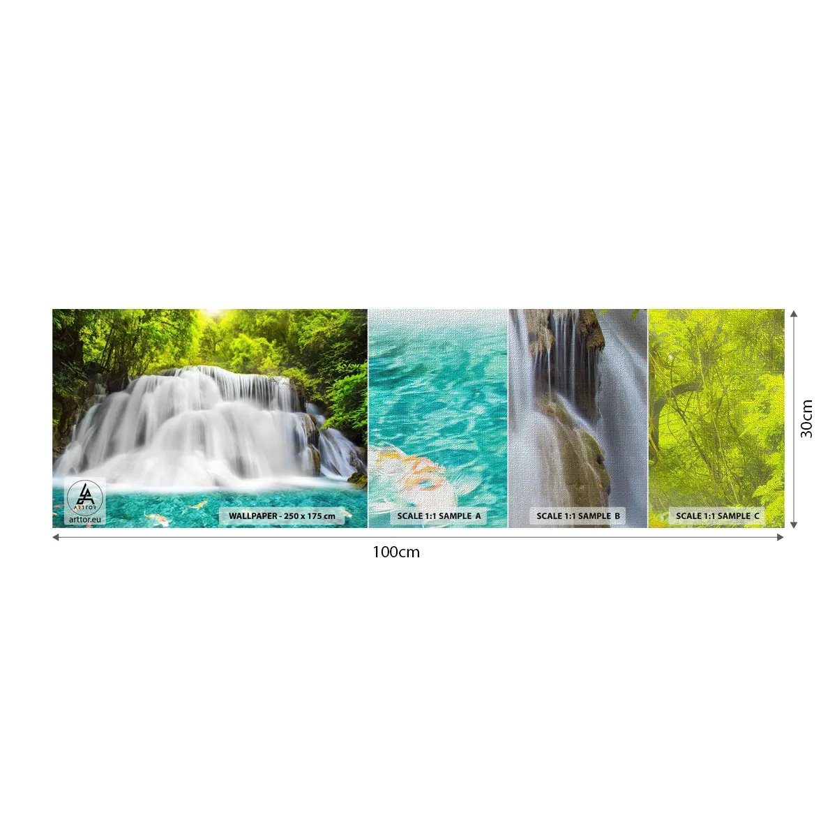 Amostra de papel de parede Premium Canvas - Cascata espumosa do verde ao azul - Paisagem, Cachoeira, Parque Nacional - 100x30 cm