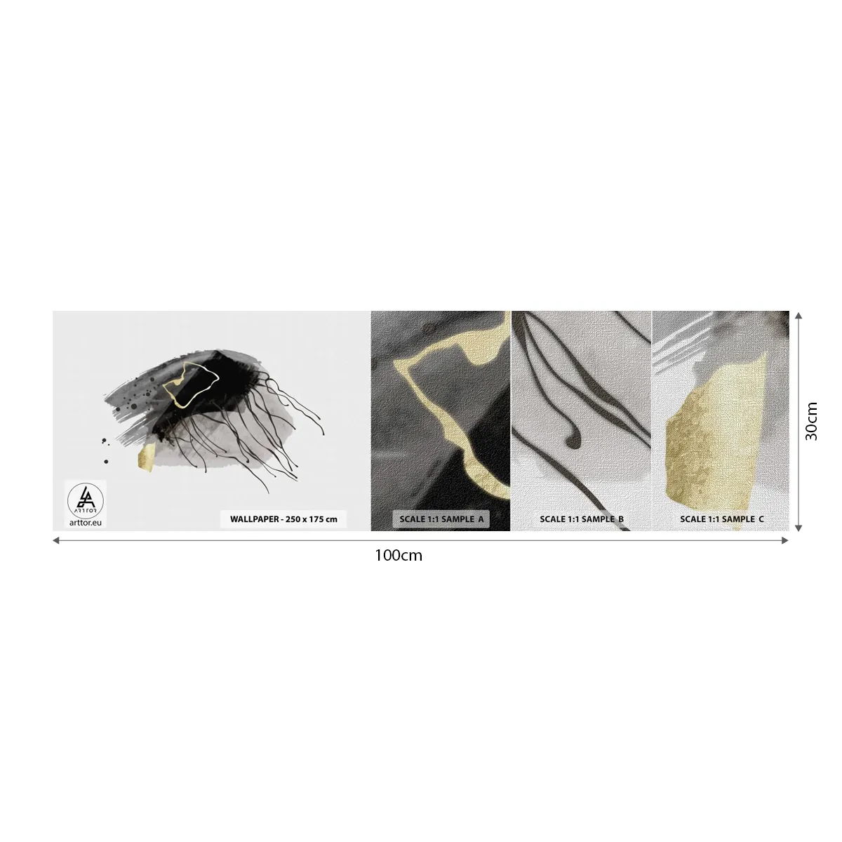 Prøve Fototapet Premium Canvas - I sort og guld - Abstraktion, Stykke, Grafik - 100x30 cm