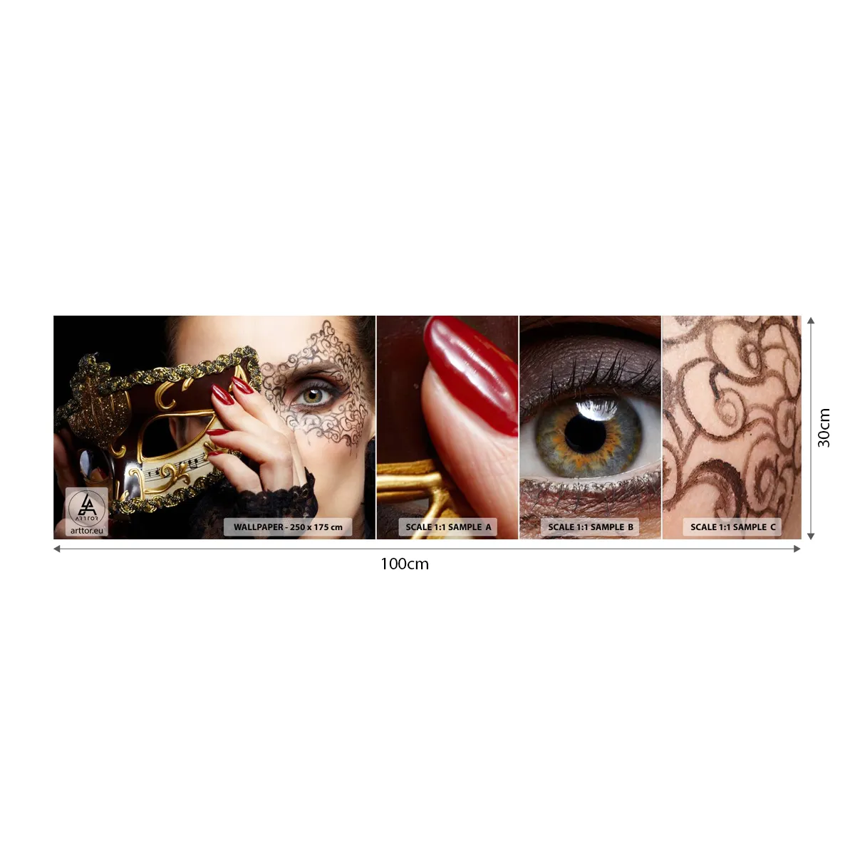 Photo Wallpaper Sample Self-Adhesive Deluxe Sticker - My World Is Baroque - Woman, Venetian mask, Ball - 100x30 cm