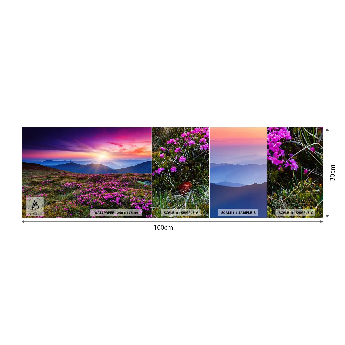 Amostra de papel de parede autocolante Deluxe Sticker - Campo cheiroso - Paisagem, Montanhas, Flores - 100x30 cm