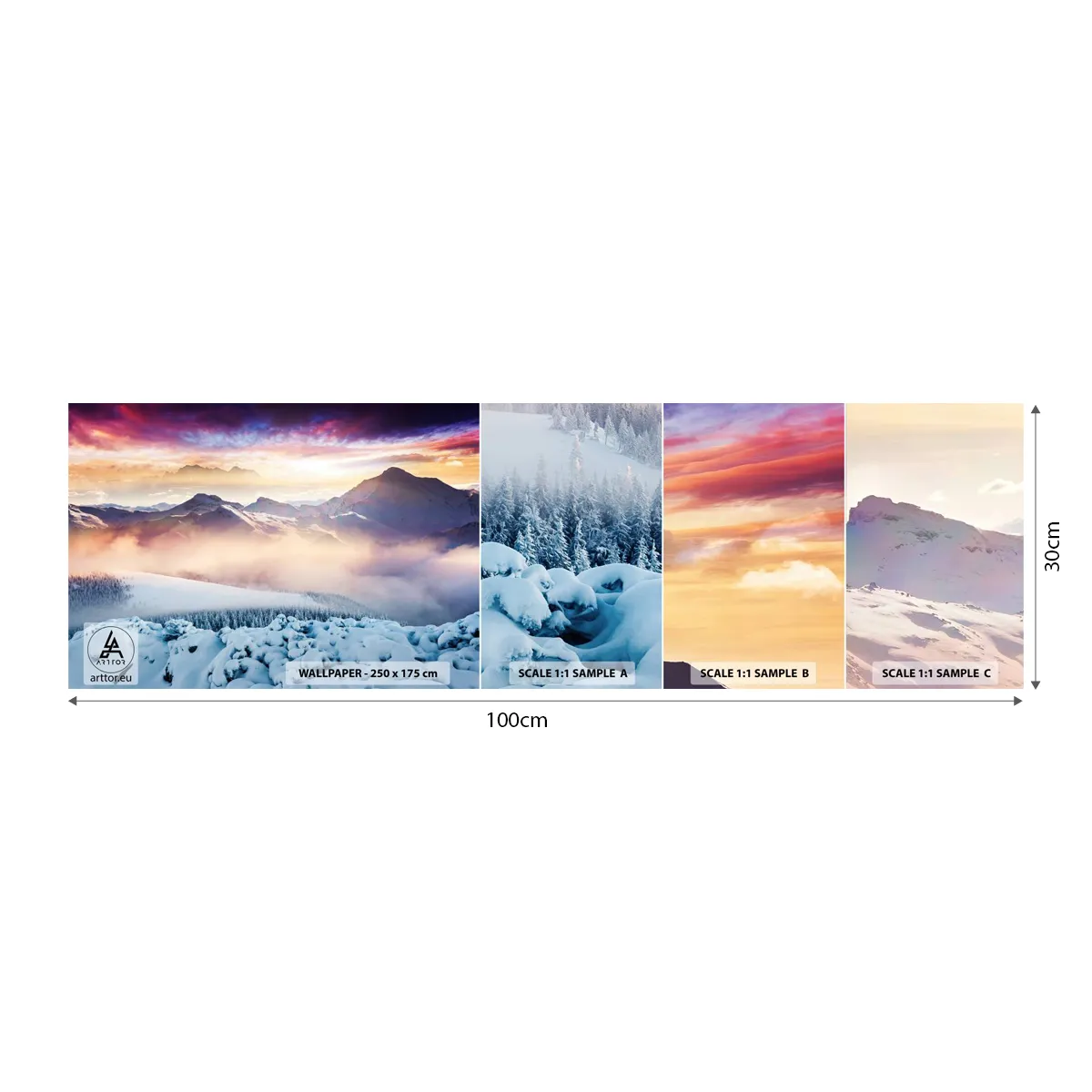 Muestra de fotomural autoadhesivo Deluxe Sticker - La fuerza y la pureza de la naturaleza - Paisaje, Montañas, Invierno - 100x30 cm