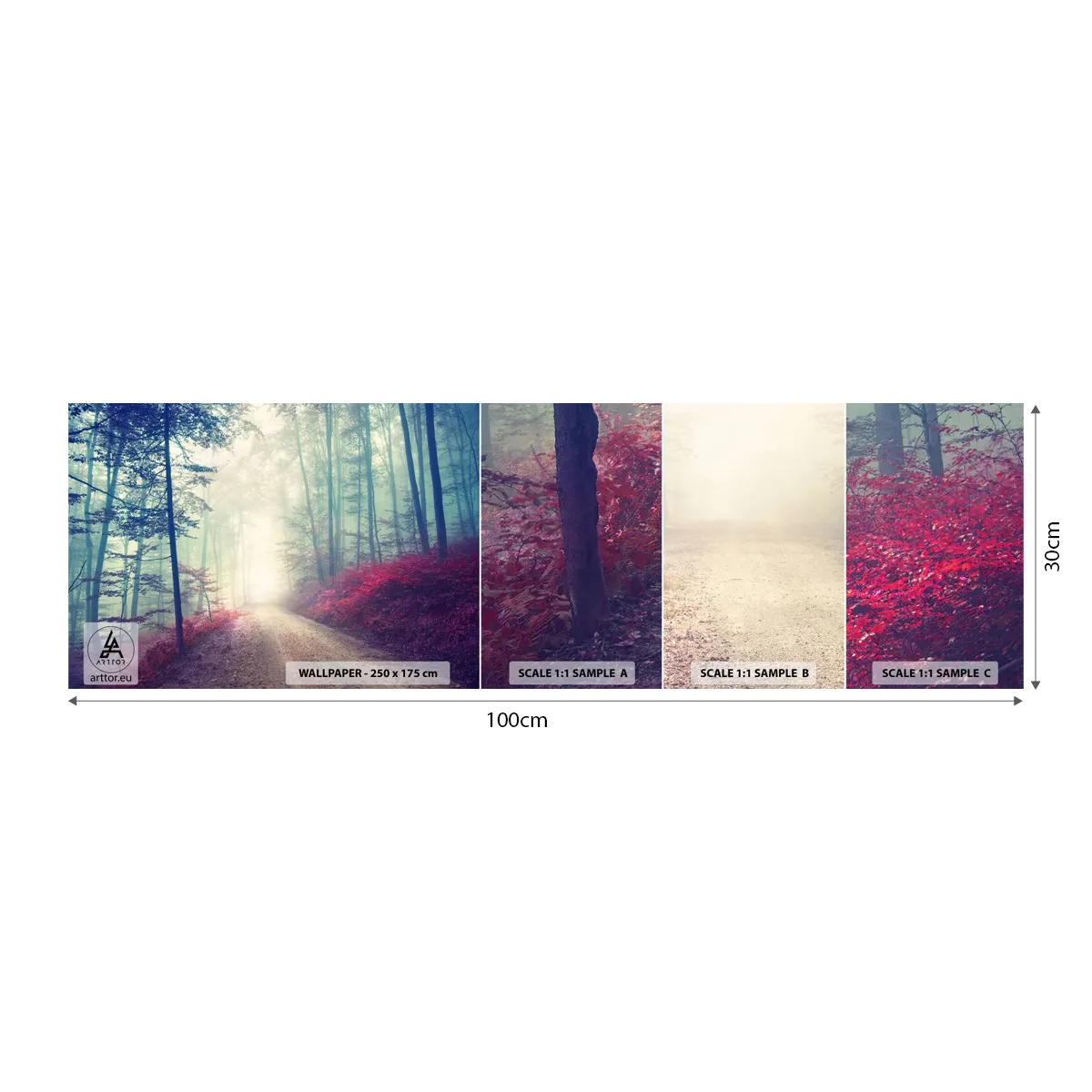 Vzorka samolepiacej fototapety Deluxe Sticker - Je dobre vstať s východom slnka - Krajina, les, Lesná cesta - 100x30 cm