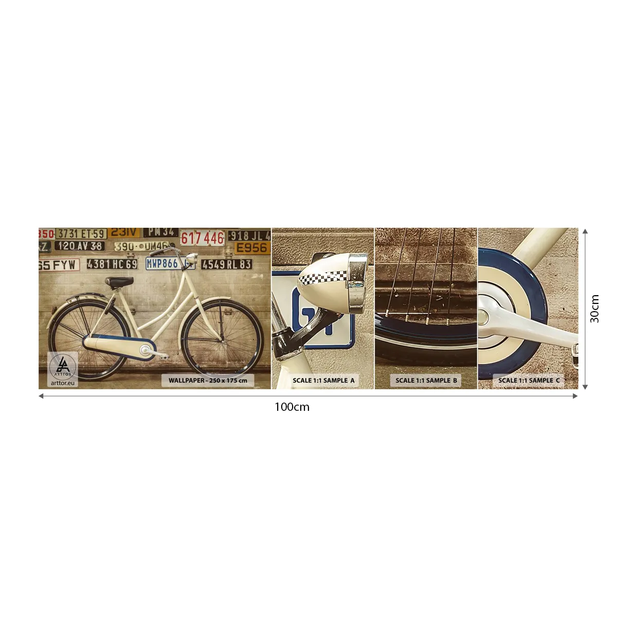 Muestra de fotomural autoadhesivo Deluxe Sticker - No hay complejos - Mural, Bicicleta, Platos - 100x30 cm