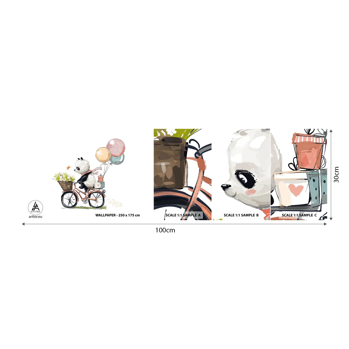 Fototapeten Muster Selbstklebend Deluxe Sticker - Glücklicher Tag - Für Kinder, Panda auf einem Fahrrad, Abstraktion - 100x30 cm