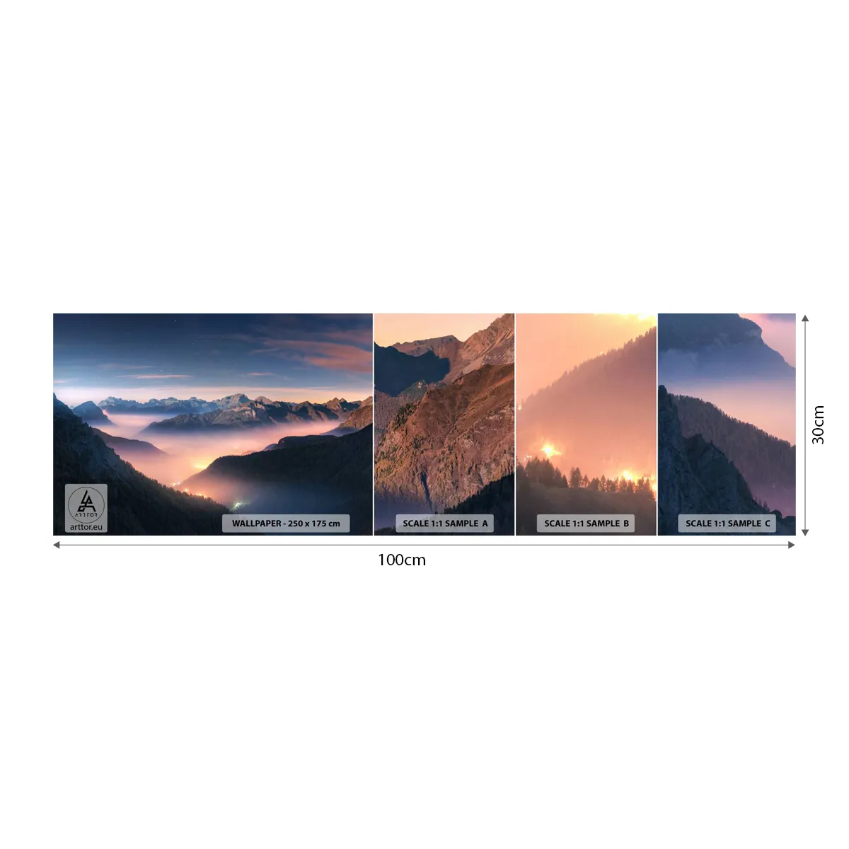 Muestra de fotomural autoadhesivo Deluxe Sticker - Luz en los valles - Paisaje, Montañas, Bosque - 100x30 cm