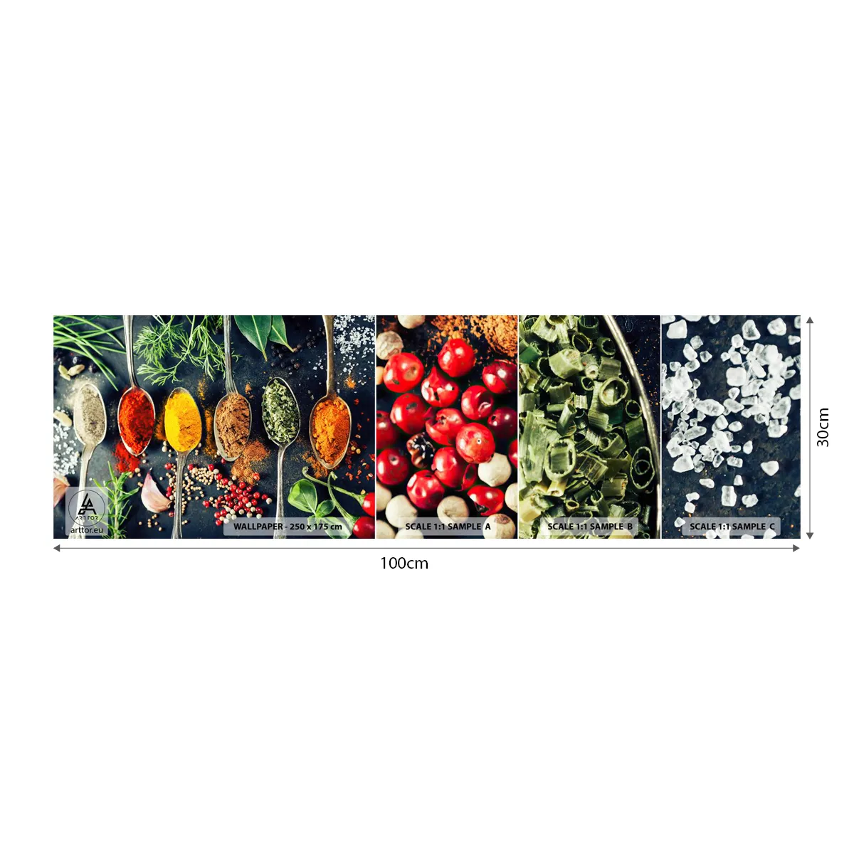 Fotótapéta Minta Öntapadós Deluxe Sticker - Kulináris varázslat - Fűszerek, Gyógynövények, Konyha - 100x30 cm