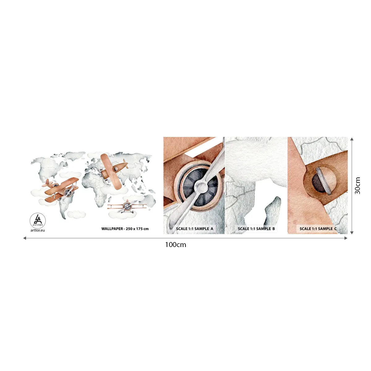 Mostră tapet autocolant Deluxe Sticker - În spirit de pionierat - Harta lumii, Avioane, Pentru copii - 100x30 cm