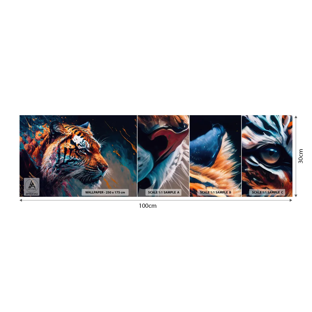 Mostră tapet autocolant Deluxe Sticker - Frumusețe sălbatică - Tigru, Colorat, Animal - 100x30 cm