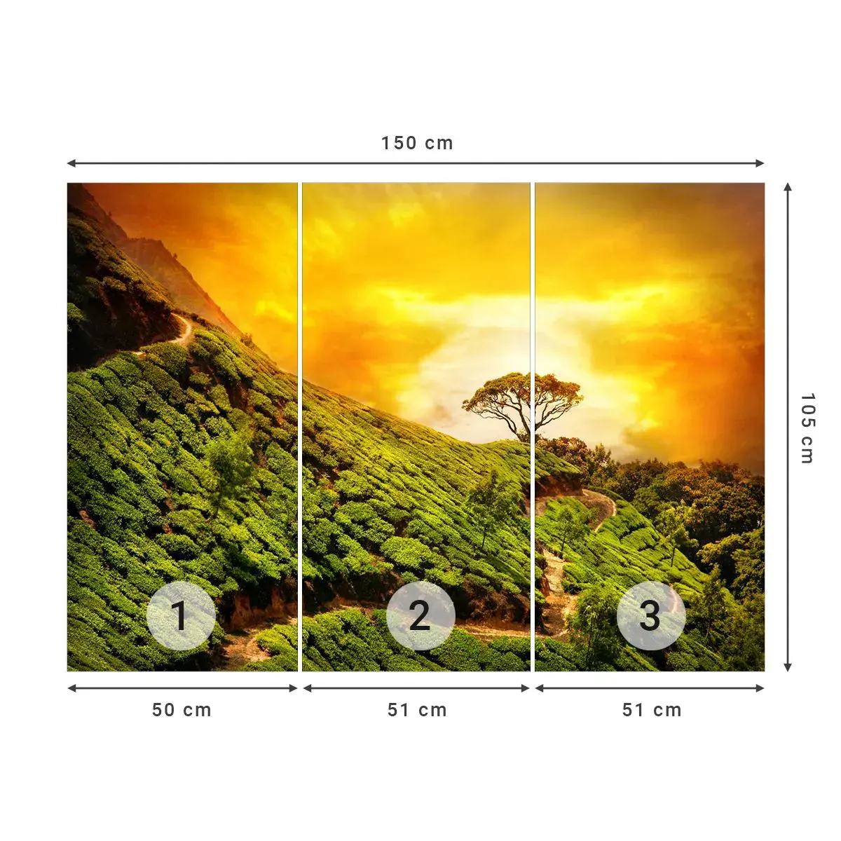 Öntapadós Fotótapéta Deluxe Sticker - Kanyargós ösvény, zöld lejtő - Tájkép, Teaültetvény, India - 150x105 cm