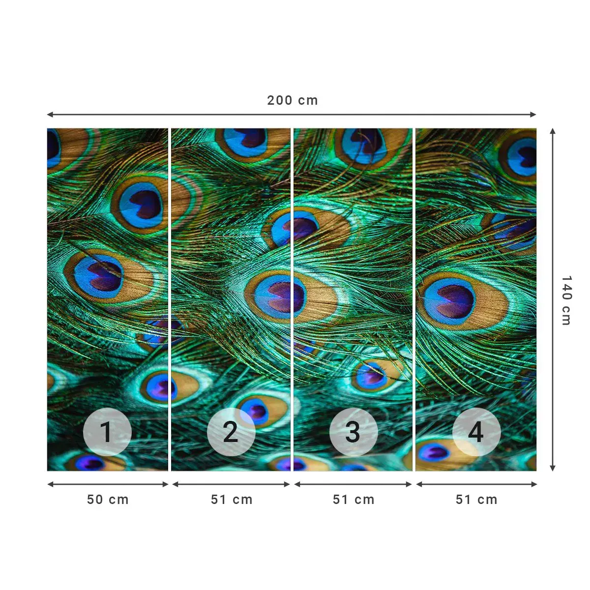 Zelfklevend Fotobehang Deluxe Sticker - Een pauwenooglook - Abstractie, Pauwenveren, Vogelveer - 200x140 cm