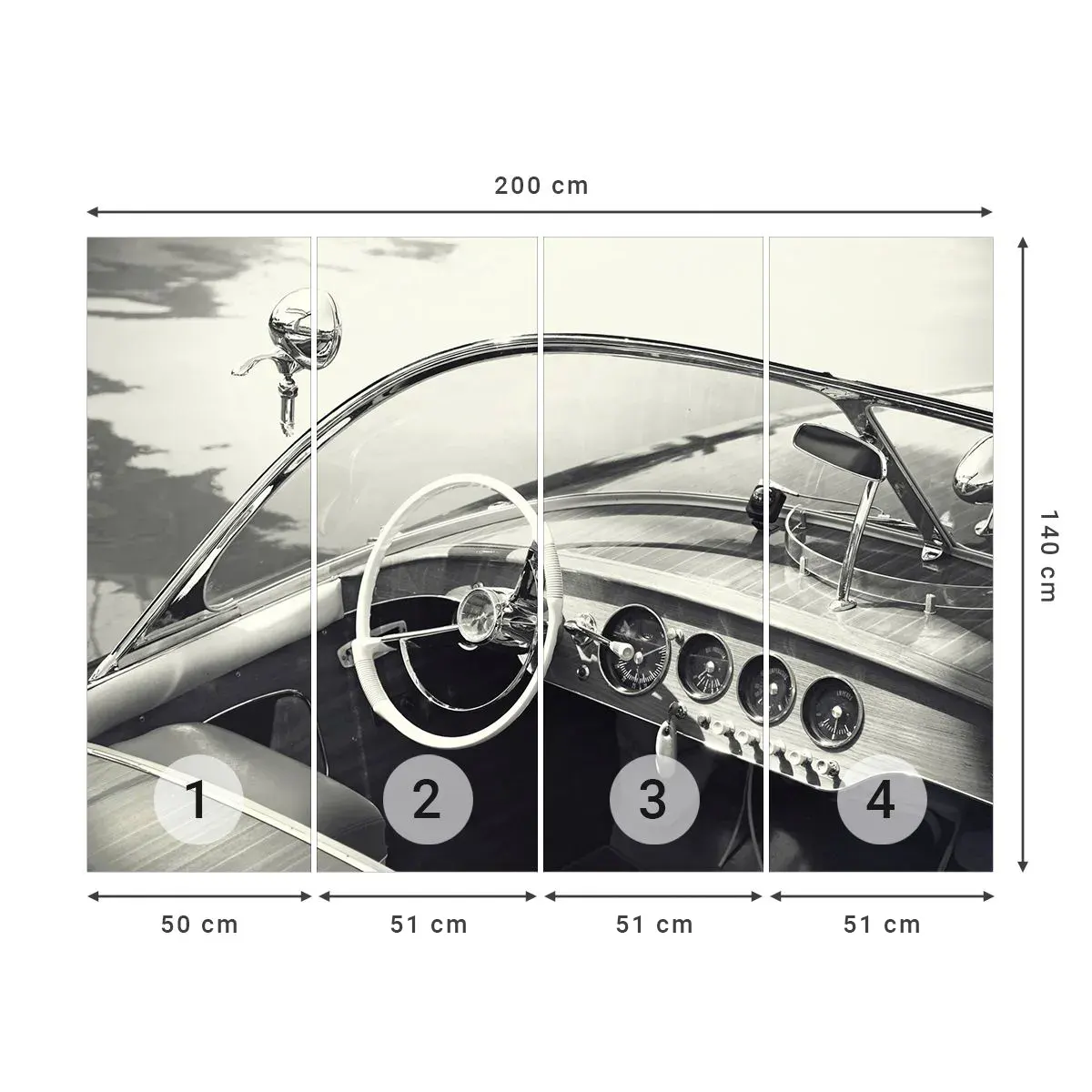 Självhäftande Fototapet Deluxe Sticker - Väder för de rika - Vintage båt, Motorbåt, Svartvitt - 200x140 cm