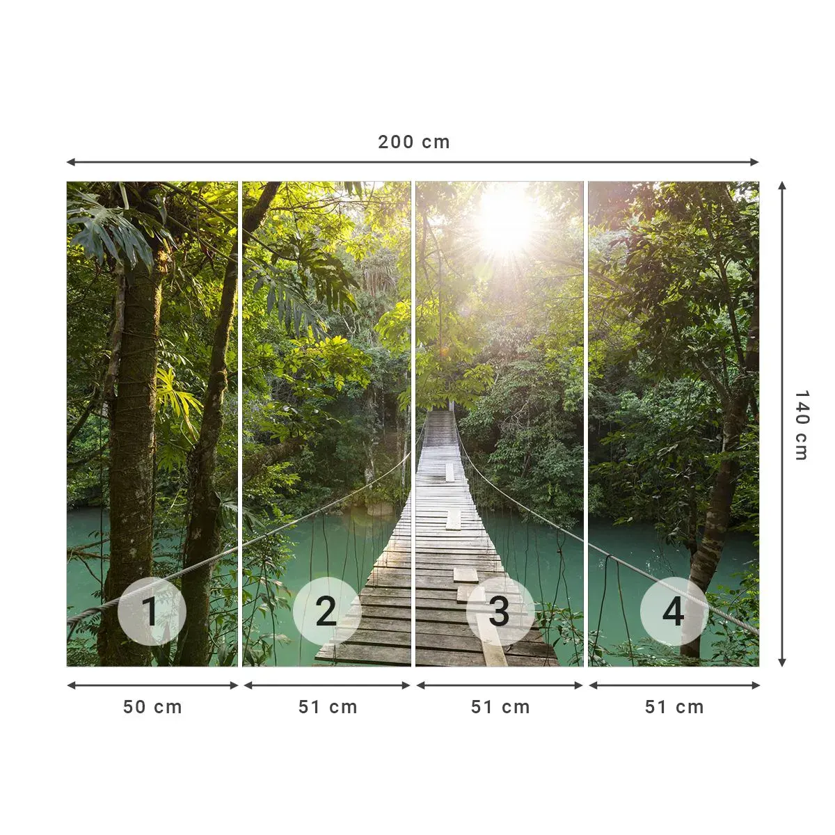 Fotomurali Autoadesivo Deluxe Sticker - Sull'acqua azzurra verso il bosco azzurro - Paesaggio, Giungla, Ponte di Legno - 200x140 cm