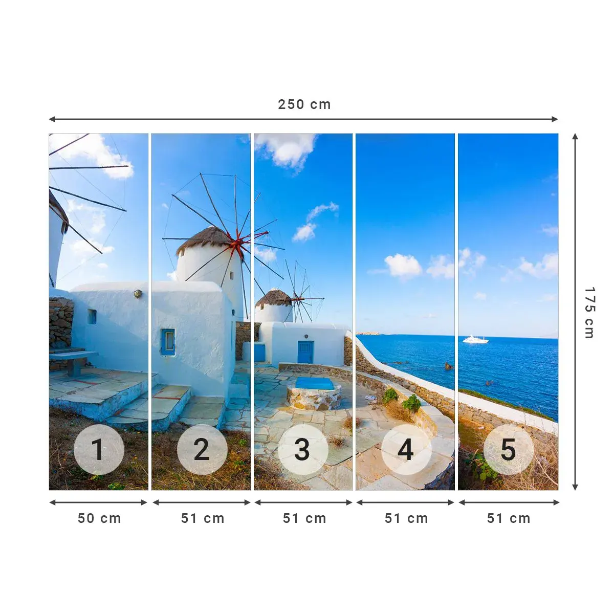 Selbstklebende Fototapete Deluxe Sticker - Der blaue Wind vom Meer - Die Architektur, Landschaft, Griechenland - 250x175 cm