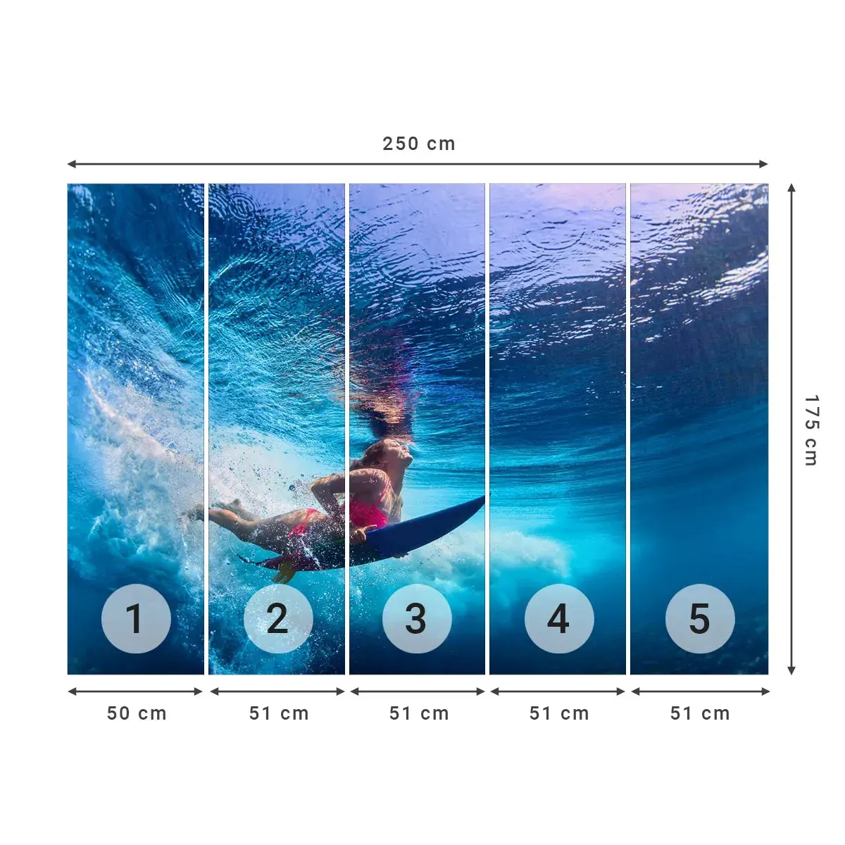 Fototapet Selvklæbende Deluxe Sticker - Dybden af glæde - Surfing, Kvinde, Sport - 250x175 cm