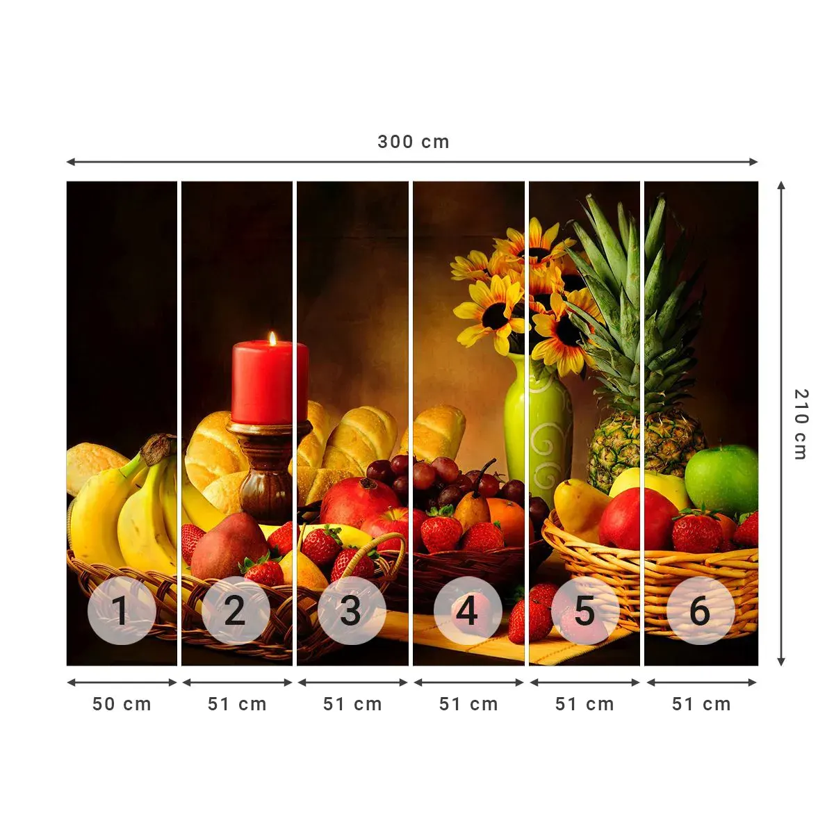 Selbstklebende Fototapete Deluxe Sticker - Stillleben mit Brot und Obst - Gastronomie, Blumen, Obst - 300x210 cm