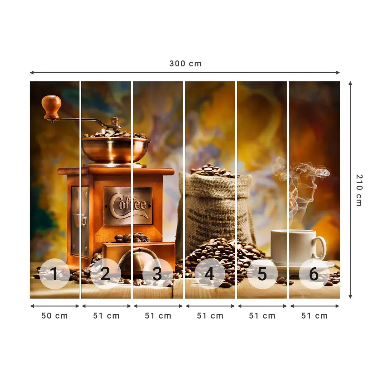 Selbstklebende Fototapete Deluxe Sticker - Das Knirschen der Körner, das Rasseln einer Mühle - Gastronomie, Kaffee, Kaffeemühle - 300x210 cm