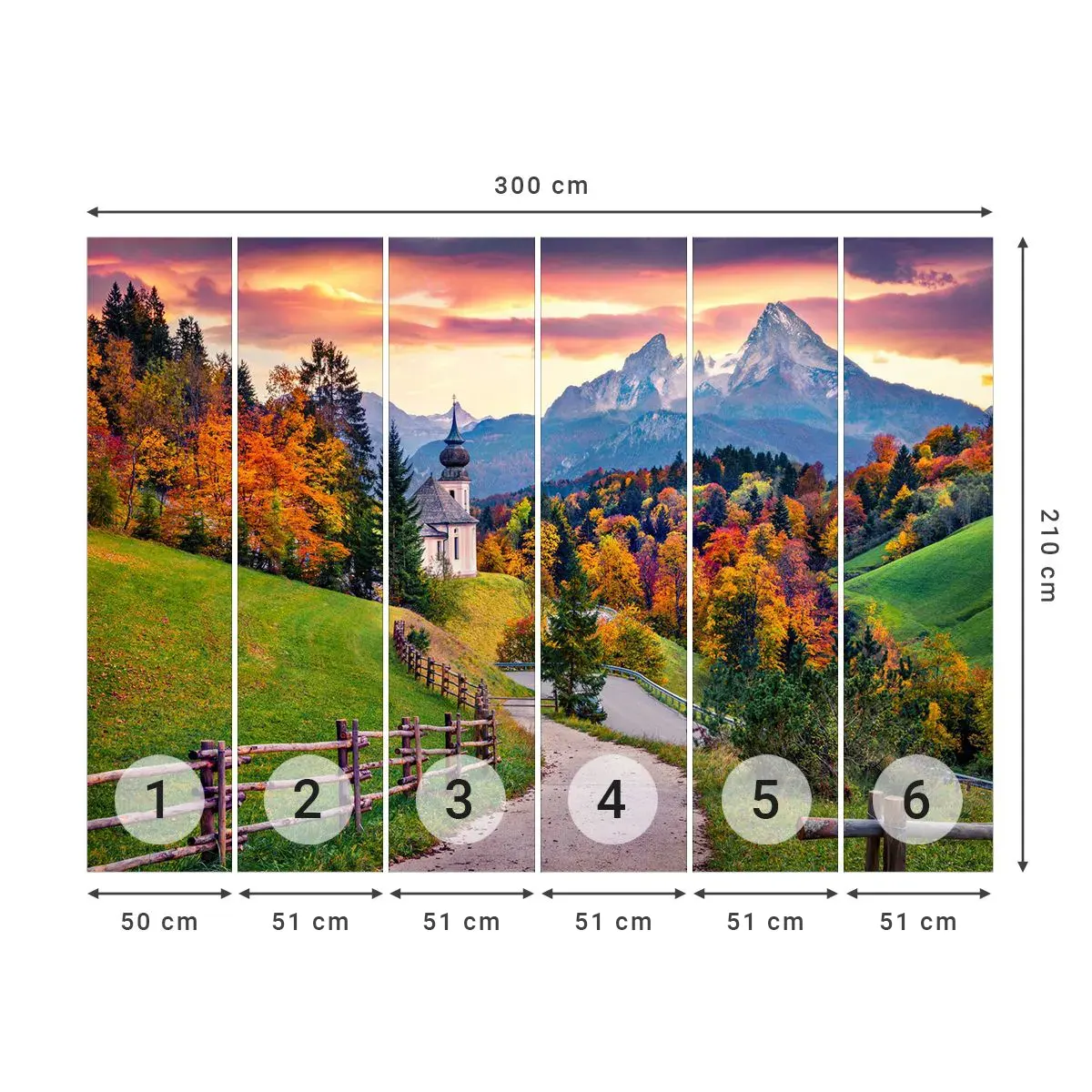 Fototapet Selvklæbende Deluxe Sticker - Landskab som maleri - Bjerglandskab, Sti, Kirke - 300x210 cm