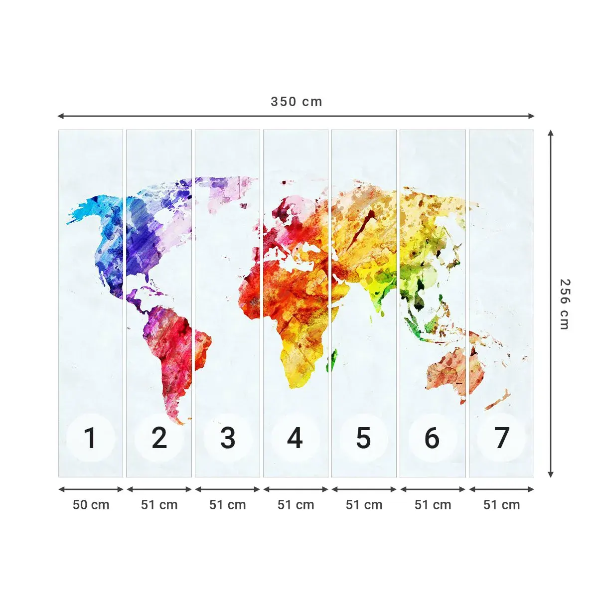 Selbstklebende Fototapete Deluxe Sticker - Alle Farben der Welt - Weltkarte, Grafik, Kontinente - 350x256 cm