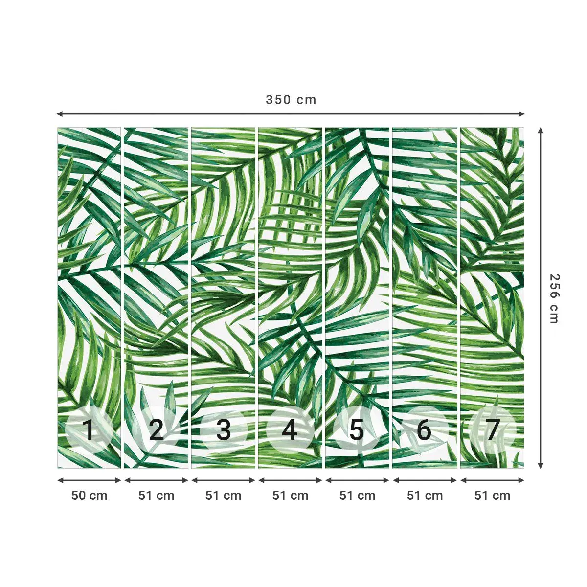 Selbstklebende Fototapete Deluxe Sticker - Unter dem grünen Baldachin - Abstraktion, Palmblatt, Kokusnuss-Palme - 350x256 cm