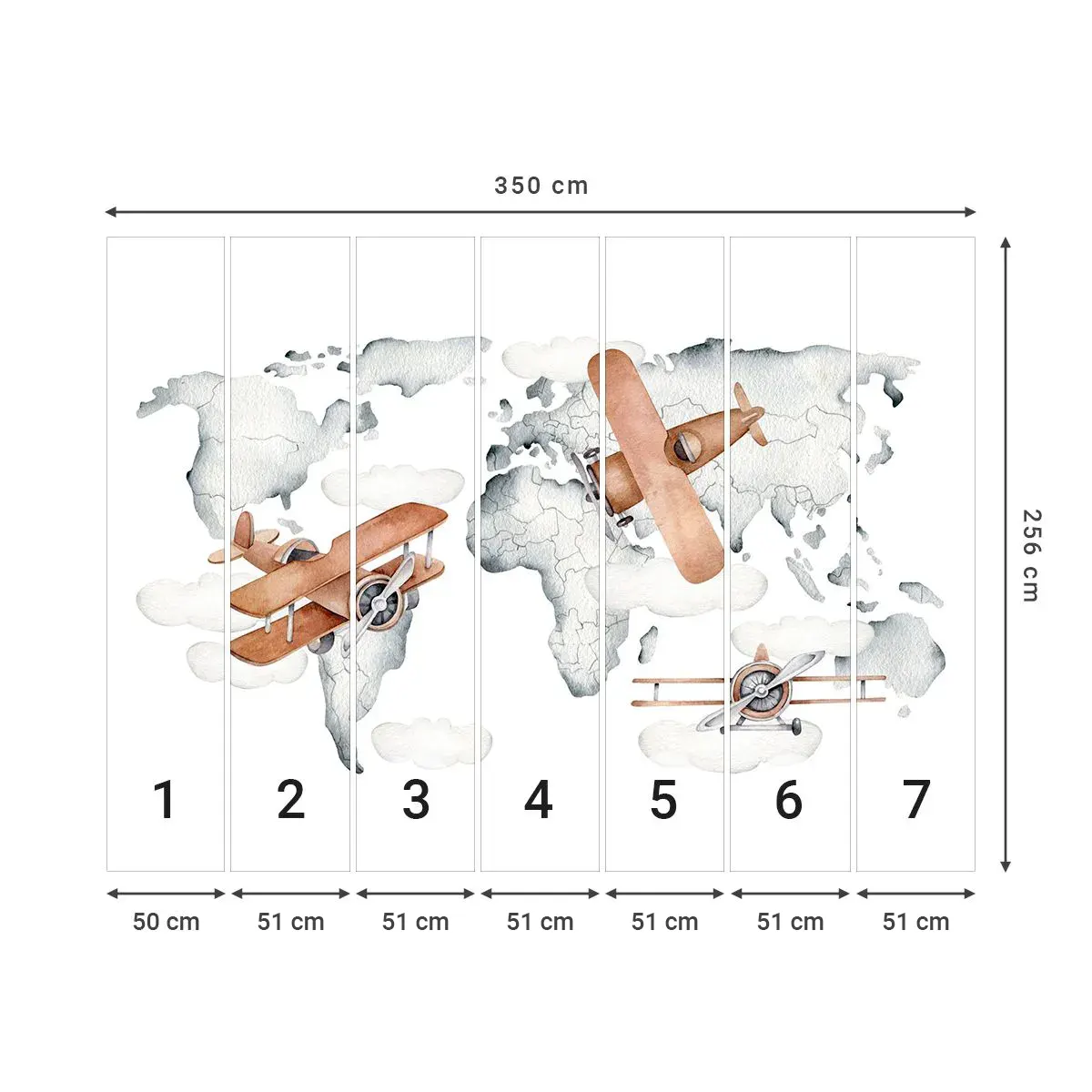 Fotomural Autadhesivo Deluxe Sticker - Con espíritu pionero - Mapa del mundo, Aviones, Para niños - 350x256 cm