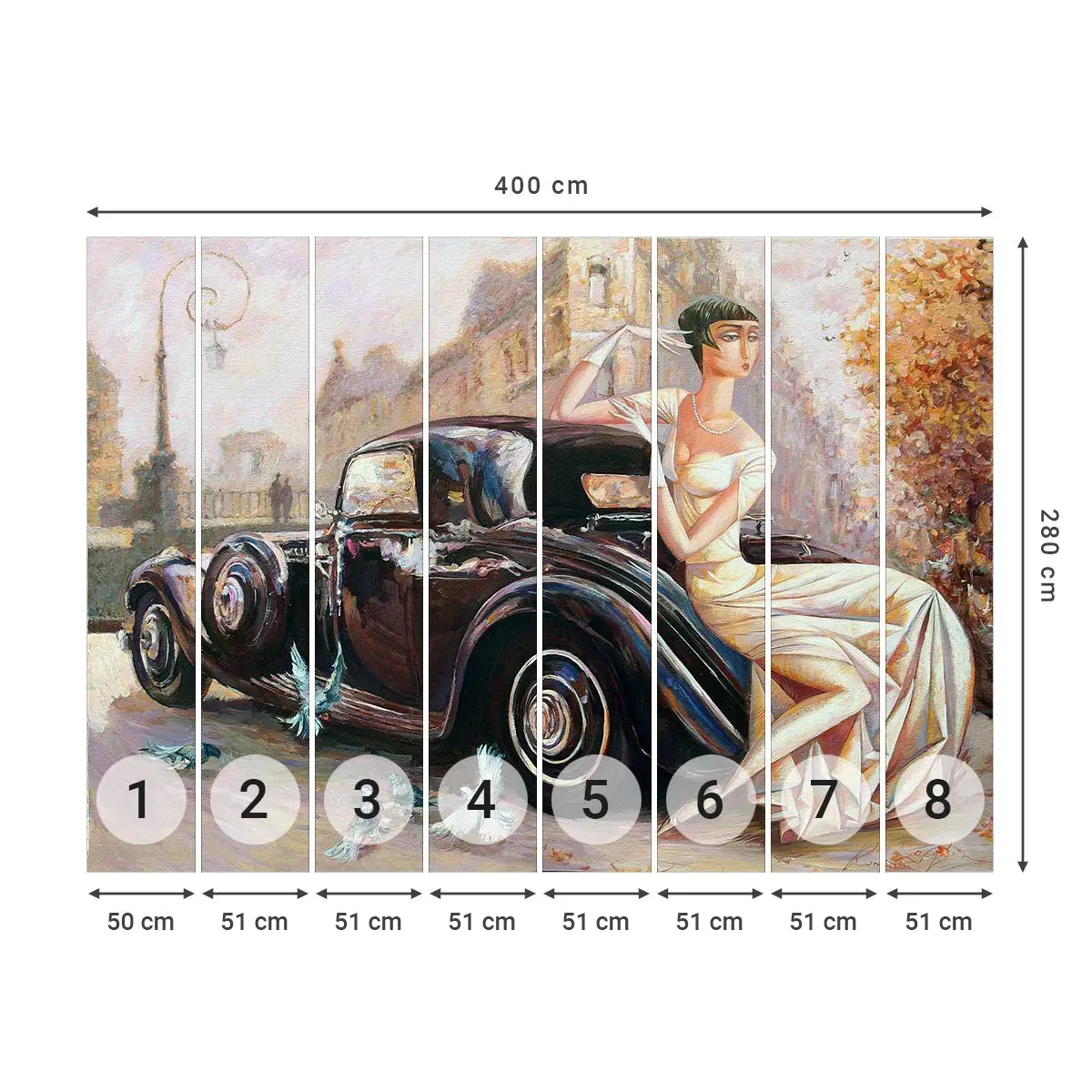 Selbstklebende Fototapete Deluxe Sticker - Eleganz im Retro-Stil - Retro-Auto, Frau, Palast - 400x280 cm