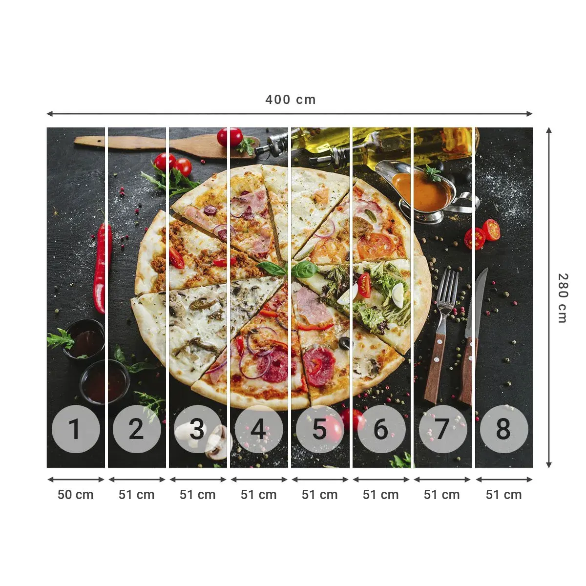 Selbstklebende Fototapete Deluxe Sticker - Eine Reihe von Geschmacksrichtungen - Gastronomie, Pizza, Italien - 400x280 cm