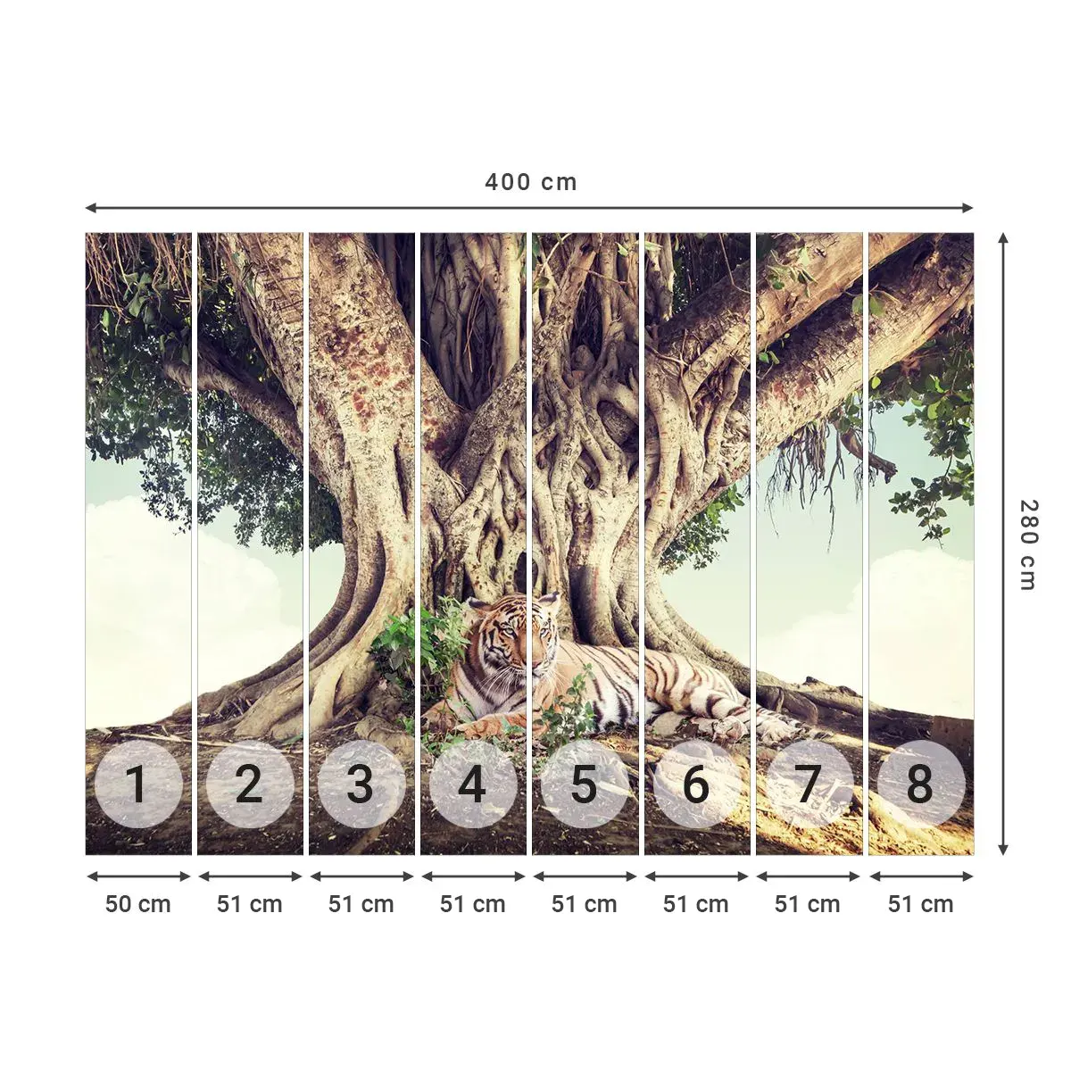Fototapet Selvklæbende Deluxe Sticker - Udsigt fra Første Mosebog - Bengalsk tiger, Indien, Landskab - 400x280 cm