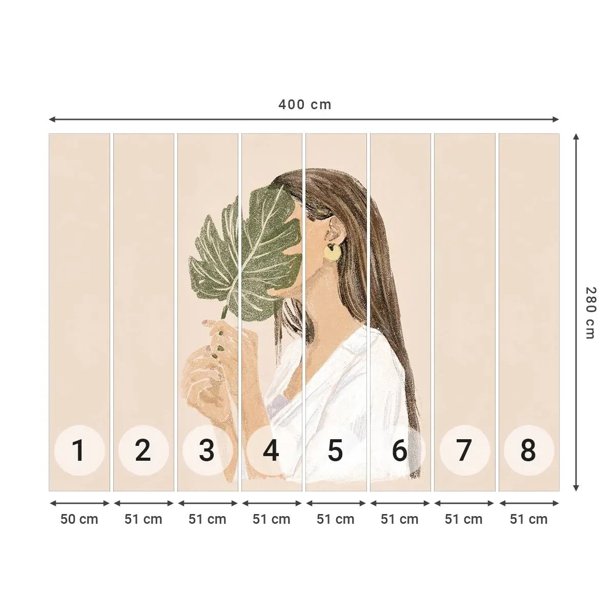 Fototapet Selvklæbende Deluxe Sticker - Mystisk portræt med en vifte - Blad, Kvinde, Boho - 400x280 cm