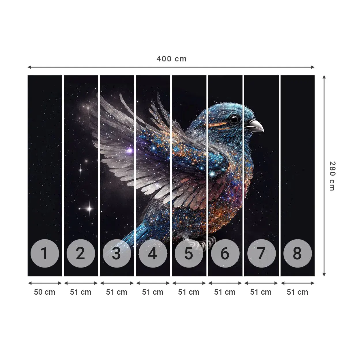 Selbstklebende Fototapete Deluxe Sticker - Diamantsperling - Vogel, Magie, Kosmos - 400x280 cm