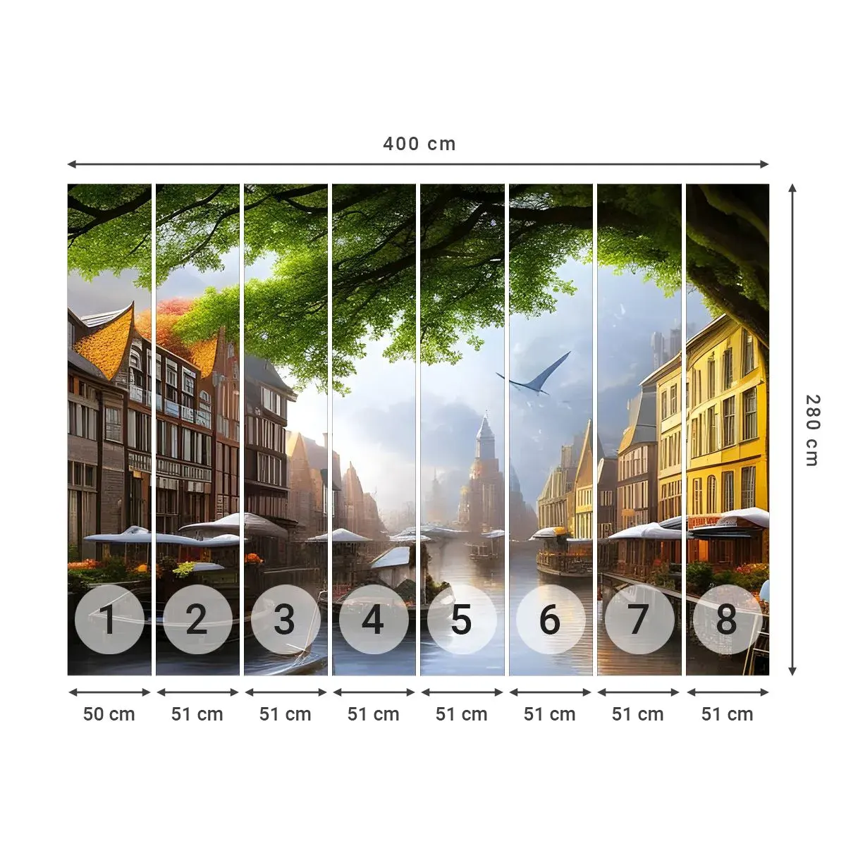 Samolepiaca Fototapeta Deluxe Sticker - Holandská mestská krajinka - Staré Mesto, Lode, Kanál - 400x280 cm