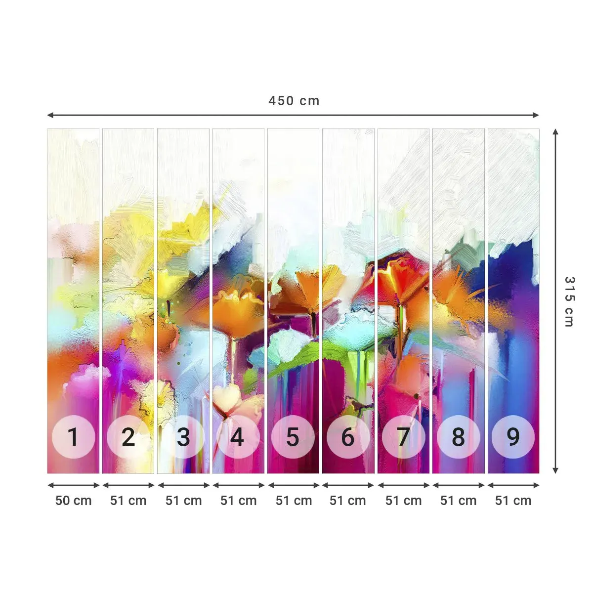 Selbstklebende Fototapete Deluxe Sticker - Der Regenbogen ist aufgeblüht - Abstraktion, Blumen, Stück - 450x315 cm