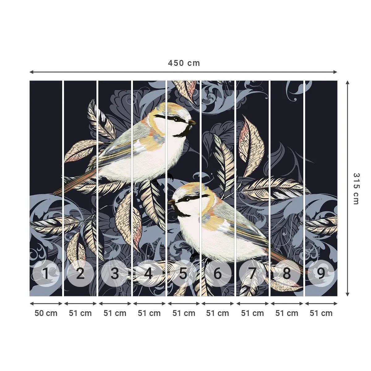 Tapet Autoadeziv Deluxe Sticker - Ciripirile galben-albastru - Abstracția, Păsări, Frunze - 450x315 cm