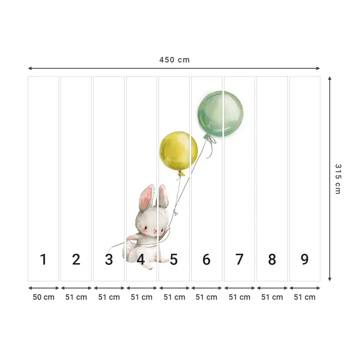 Selbstklebende Fototapete Deluxe Sticker - Ich werde auch fliegen! - Für Kinder, Kaninchen, Bunte Luftballons - 450x315 cm