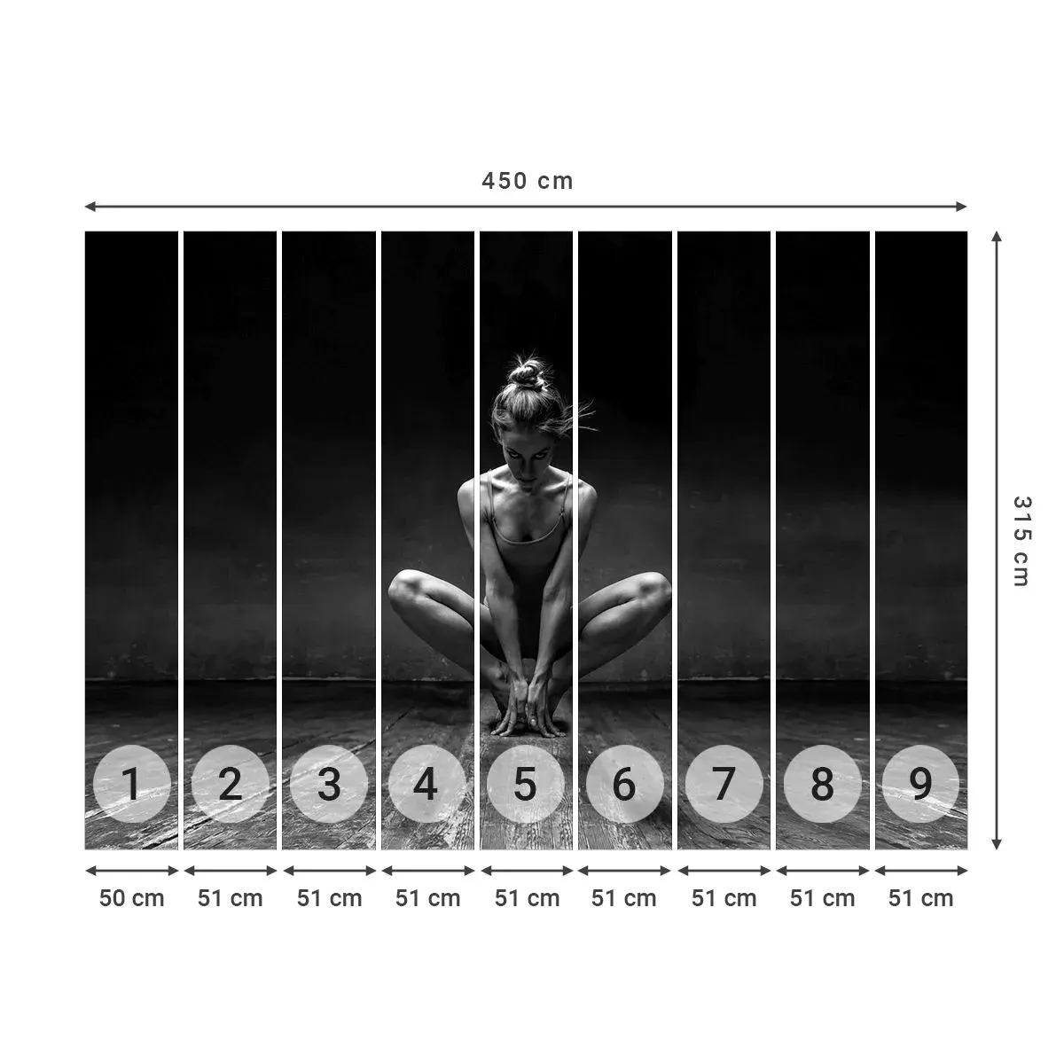 Fototapeta Samolepicí Deluxe Sticker - Koncentrace taneční energie - Tanečník, Žena, Černý a bílý - 450x315 cm