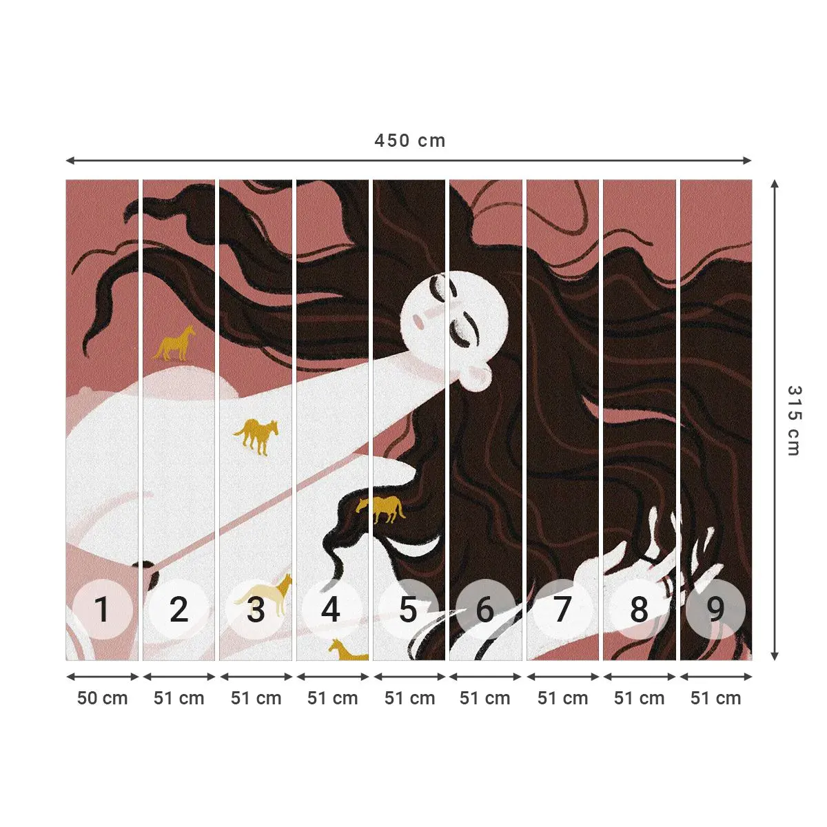 Papel de Parede Autocolante Deluxe Sticker - Sonho com um cavalo dourado - Mulher, Retrato, Minimalismo - 450x315 cm