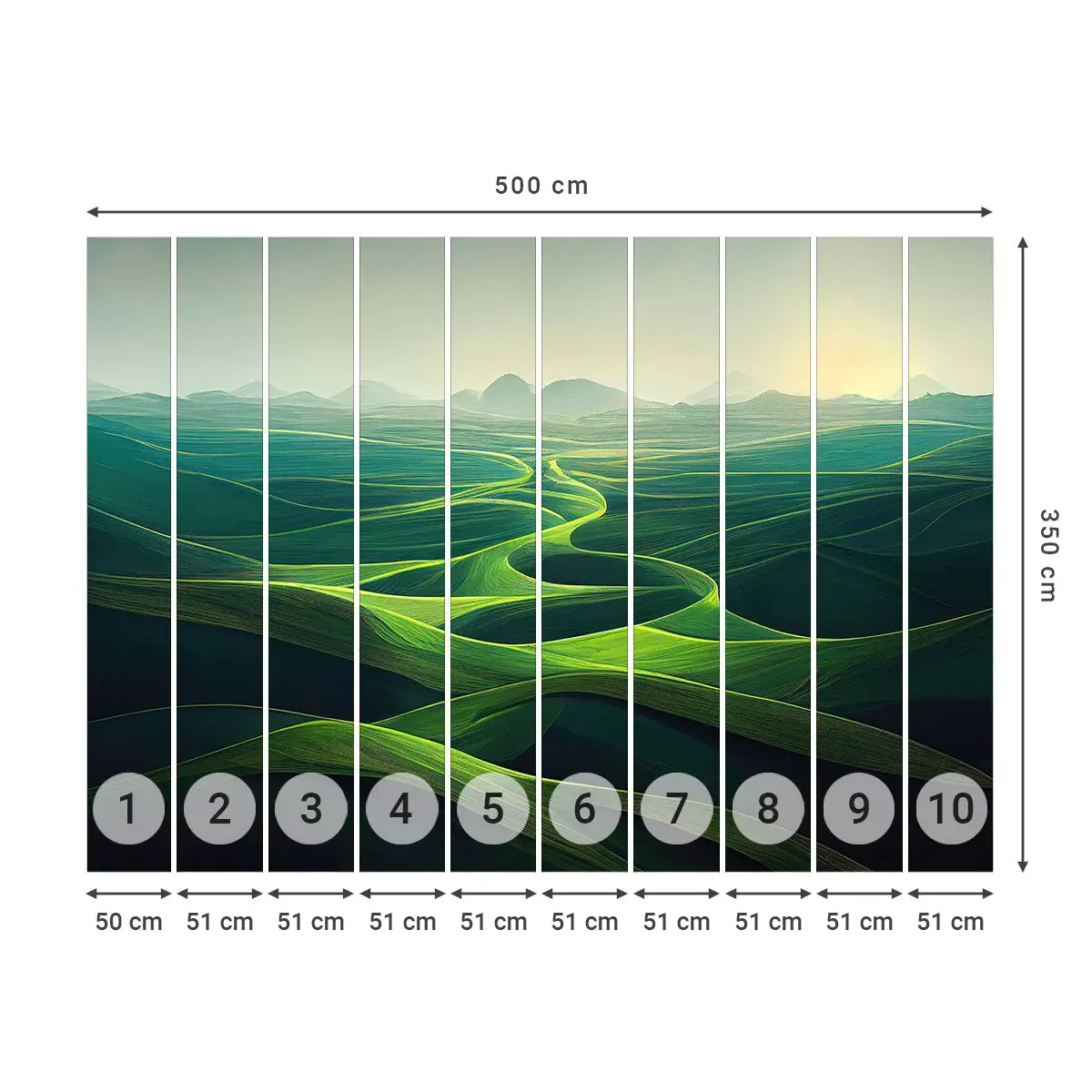 Selbstklebende Fototapete Deluxe Sticker - In den grünen Tälern - Landschaft, Wiese, Täler - 500x350 cm